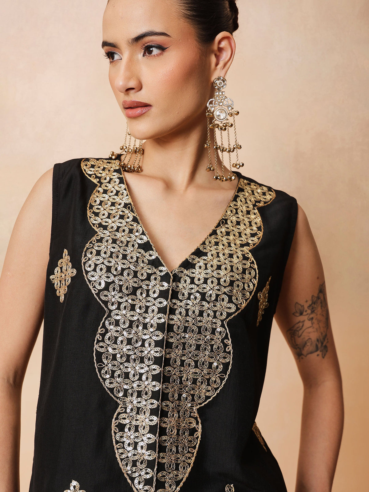 Black Embroidered Sleeveless Top With Dhoti Skirt -Shae by SASSAFRAS