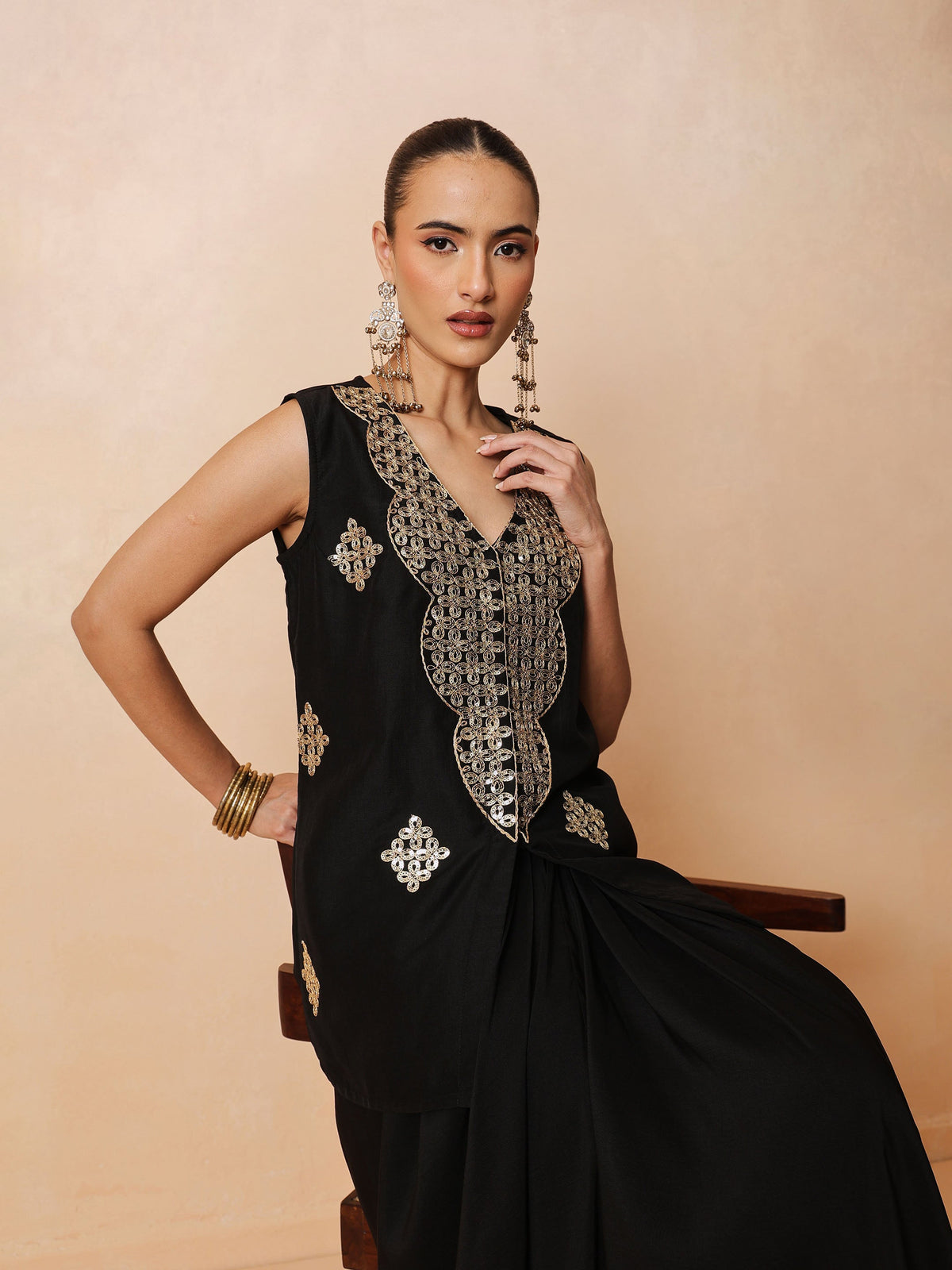 Black Embroidered Sleeveless Top With Dhoti Skirt -Shae by SASSAFRAS