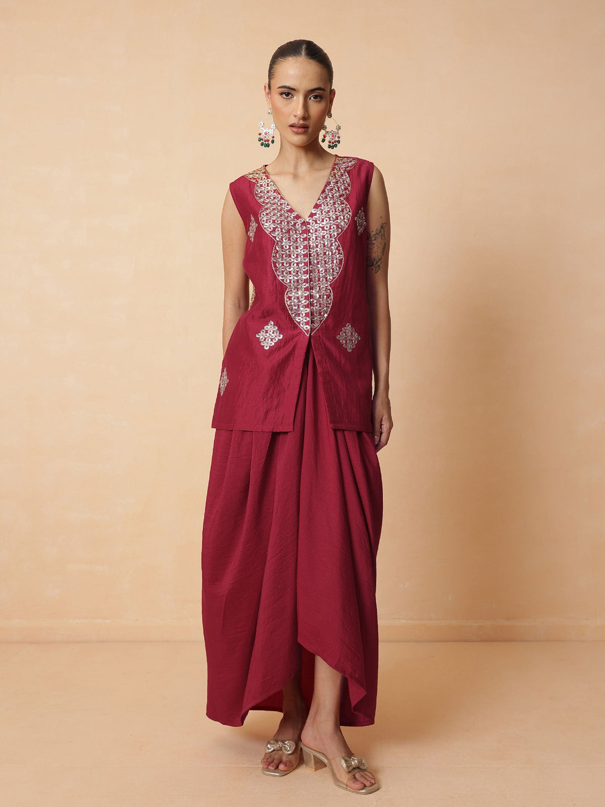 Maroon Embroidered Sleeveless Top With Dhoti Skirt -Shae by SASSAFRAS