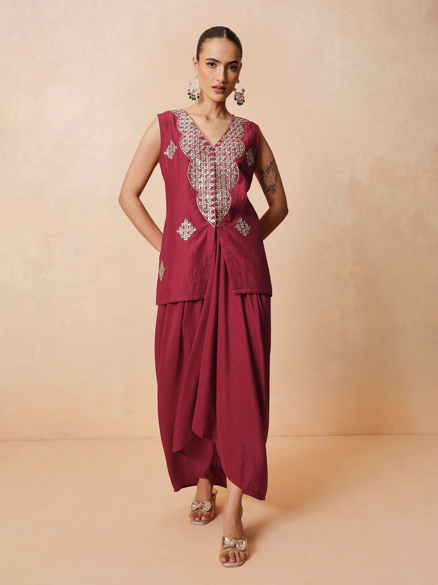 Maroon Embroidered Sleeveless Top With Dhoti Skirt -Shae by SASSAFRAS