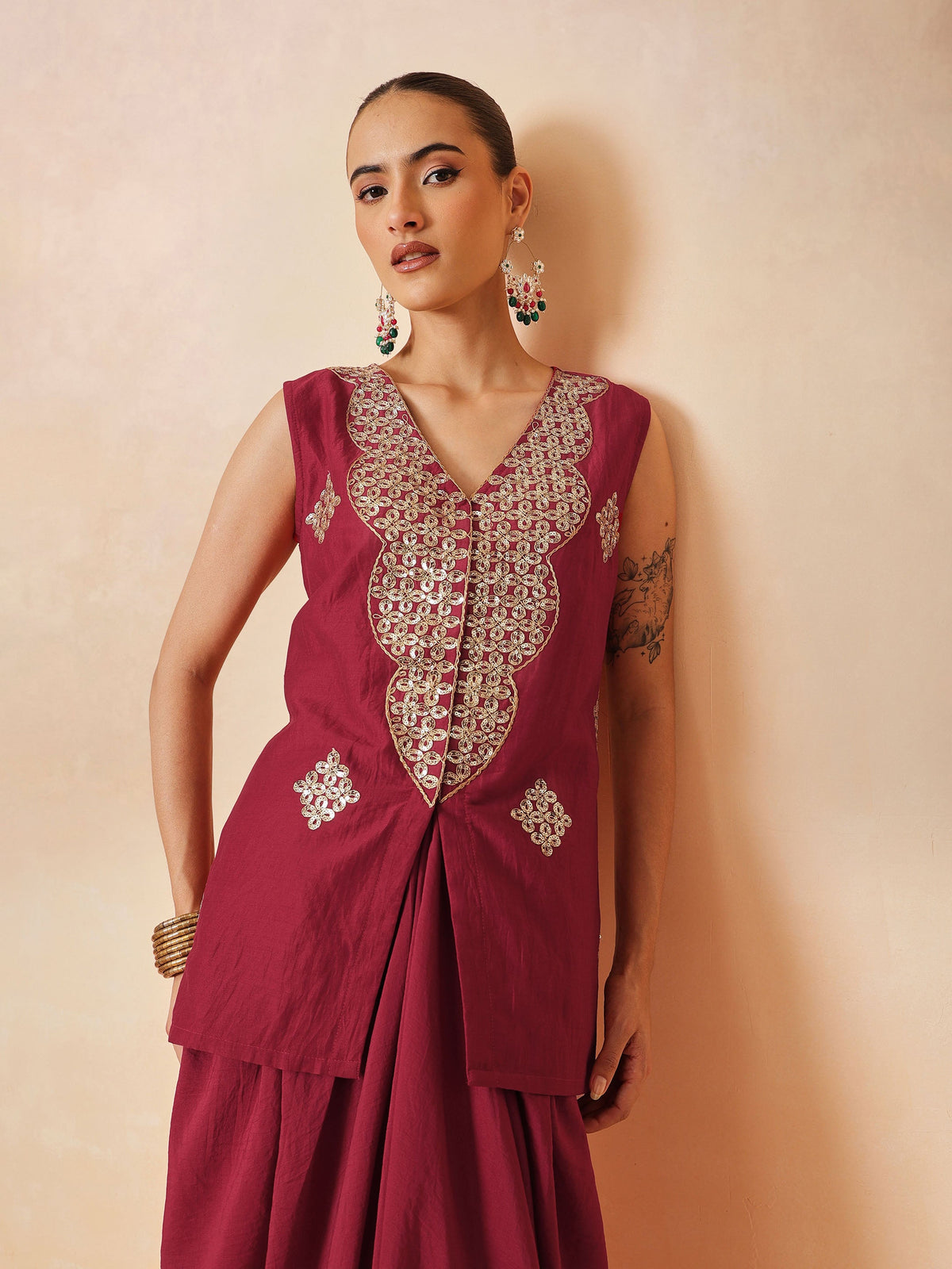 Maroon Embroidered Sleeveless Top With Dhoti Skirt -Shae by SASSAFRAS