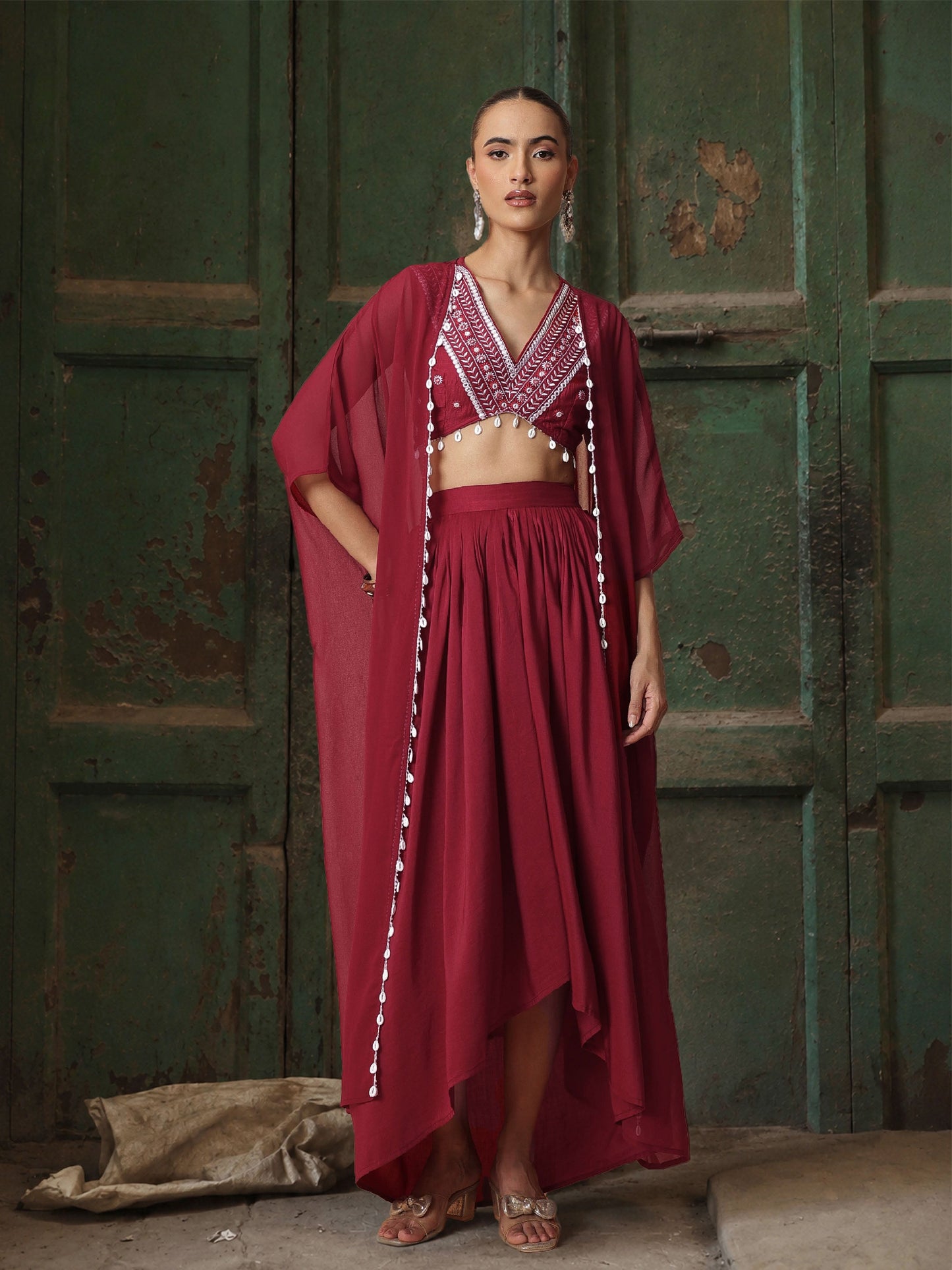 Maroon Embroidered Crop Top With Dhoti Skirt And Shrug-Shae by SASSAFRAS