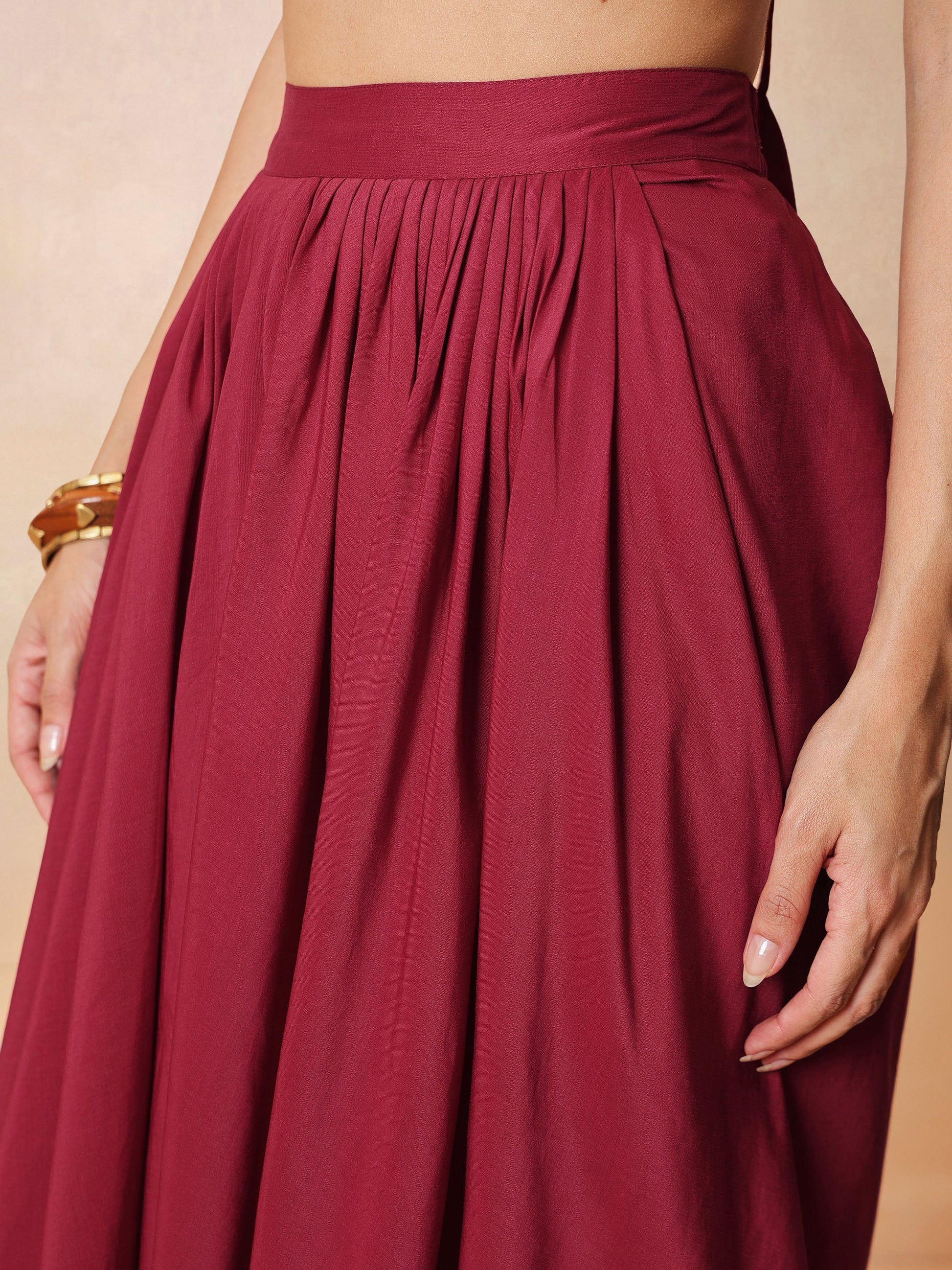 Maroon Embroidered Crop Top With Dhoti Skirt And Shrug-Shae by SASSAFRAS