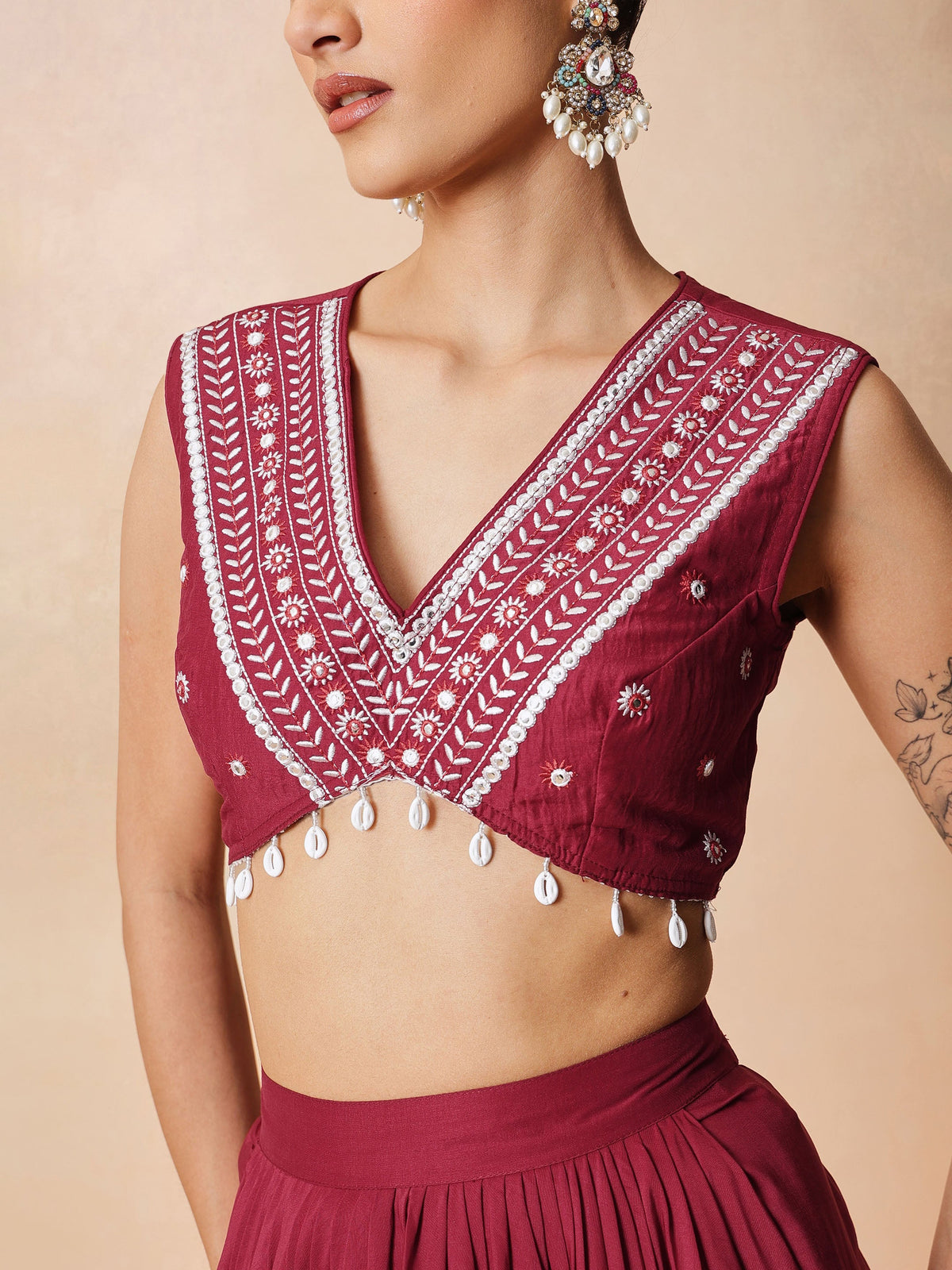 Maroon Embroidered Crop Top With Dhoti Skirt And Shrug-Shae by SASSAFRAS