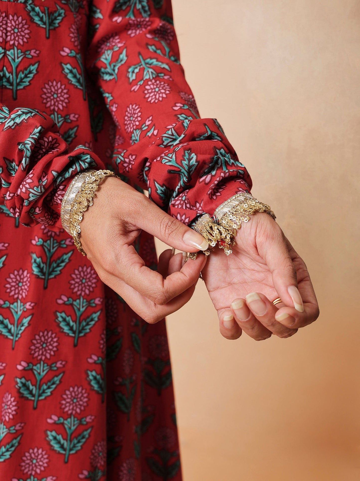 Women Red Floral Anarkali Kurta With Pencil Pants & Dupatta