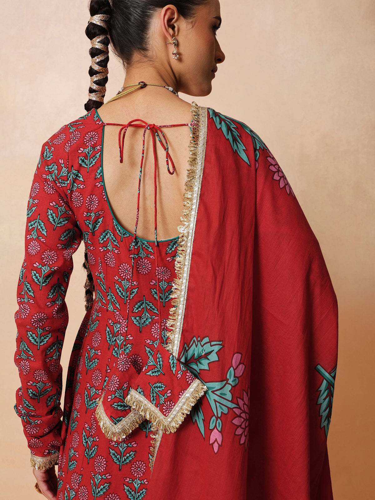 Women Red Floral Anarkali Kurta With Pencil Pants & Dupatta