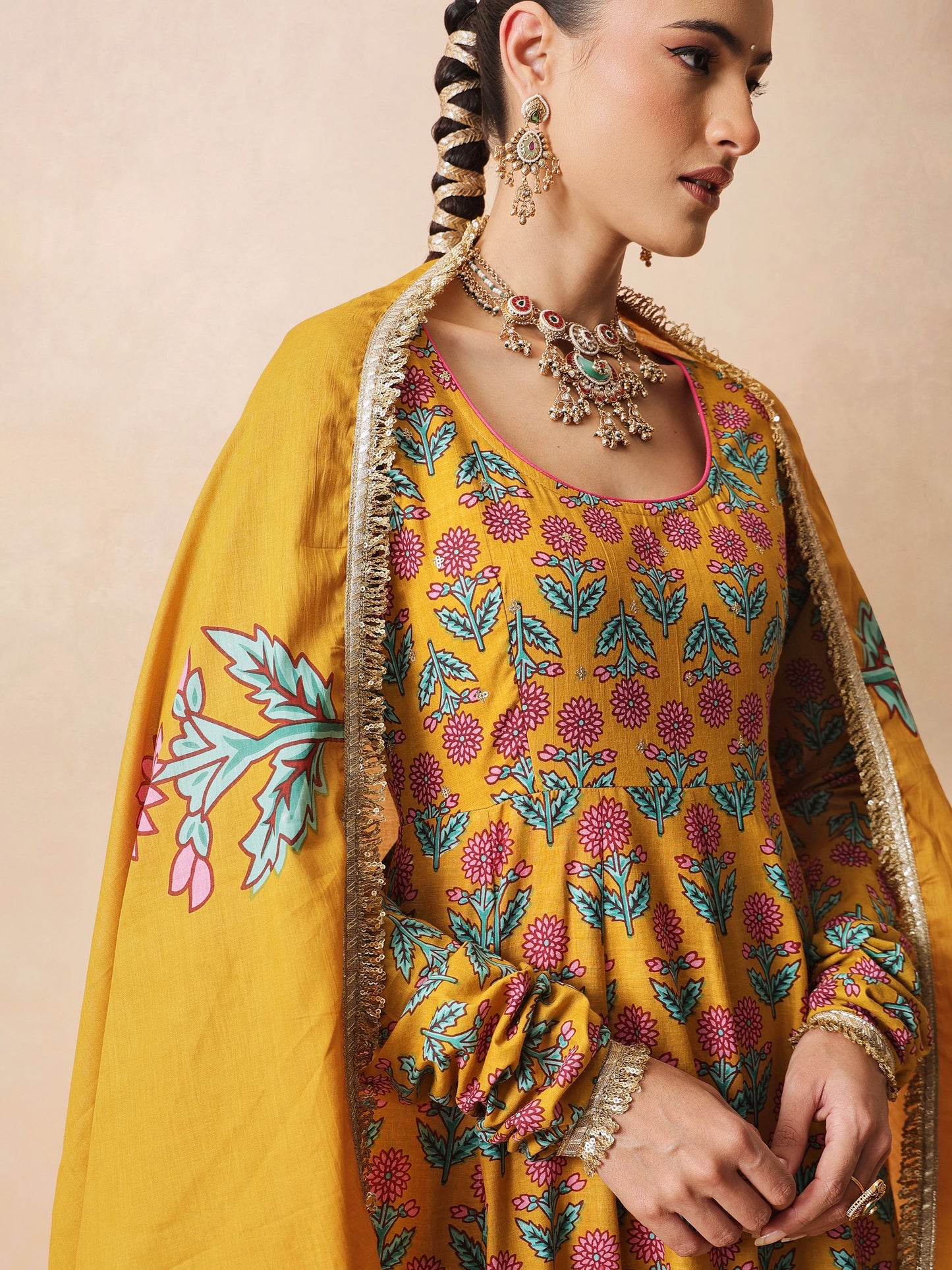 Women Yellow Floral Cotton Anarkali Kurta With Pencil Pants & Dupatta
