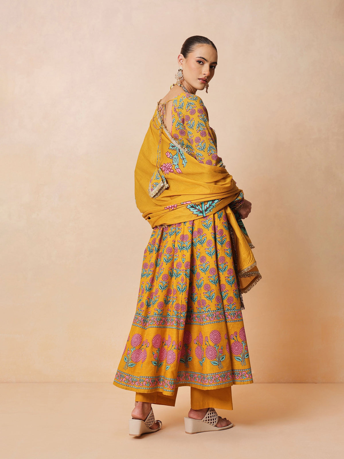 Women Yellow Floral Cotton Anarkali Kurta With Pencil Pants & Dupatta