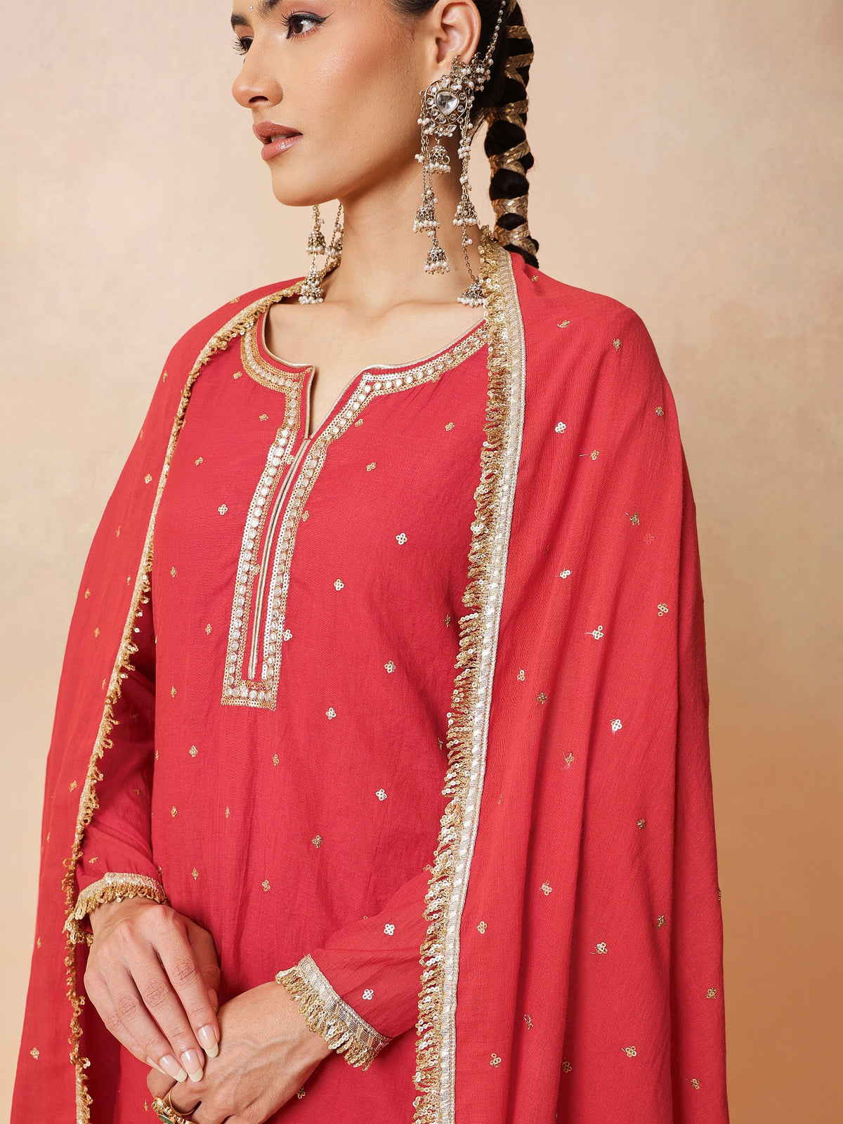 Women Red Embroidered Short Kurta With Sharara Pants & Dupatta