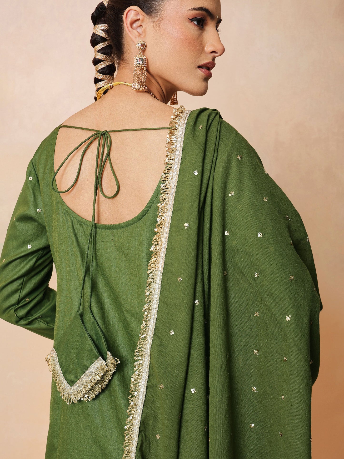 Olive Embroidered Short Kurta With Sharara Pants & Dupatta-Luxe - Shae by SASSAFRAS