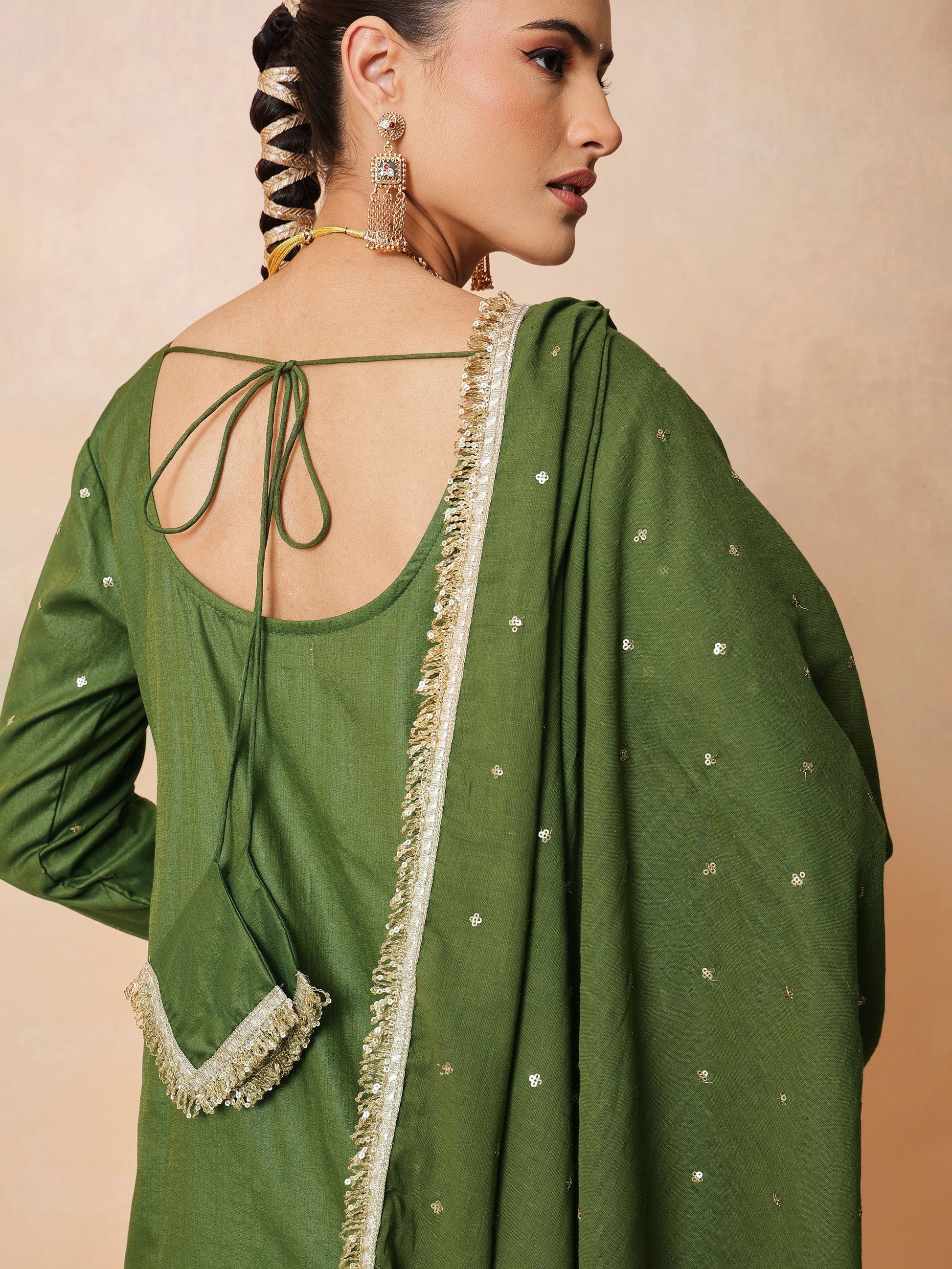 Olive Embroidered Short Kurta With Sharara Pants & Dupatta-Luxe - Shae by SASSAFRAS