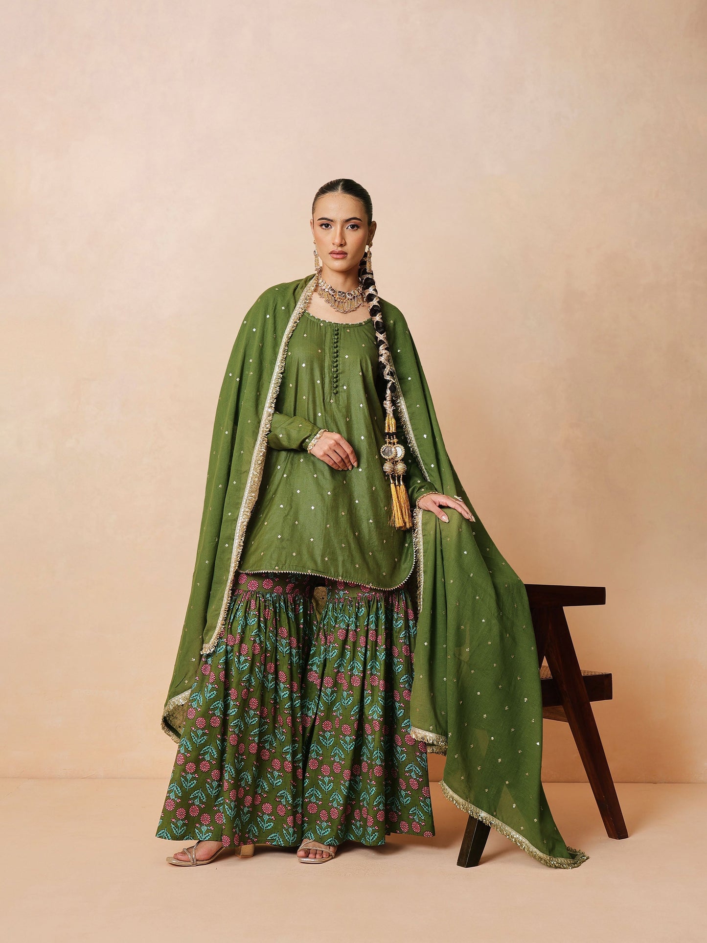 Olive Embroidered Short Kurta With Sharara Pants & Dupatta-Luxe - Shae by SASSAFRAS