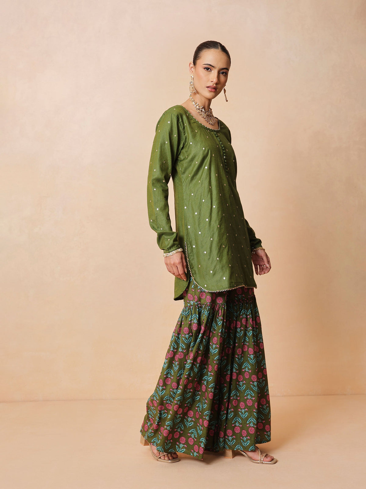 Olive Embroidered Short Kurta With Sharara Pants & Dupatta-Luxe - Shae by SASSAFRAS
