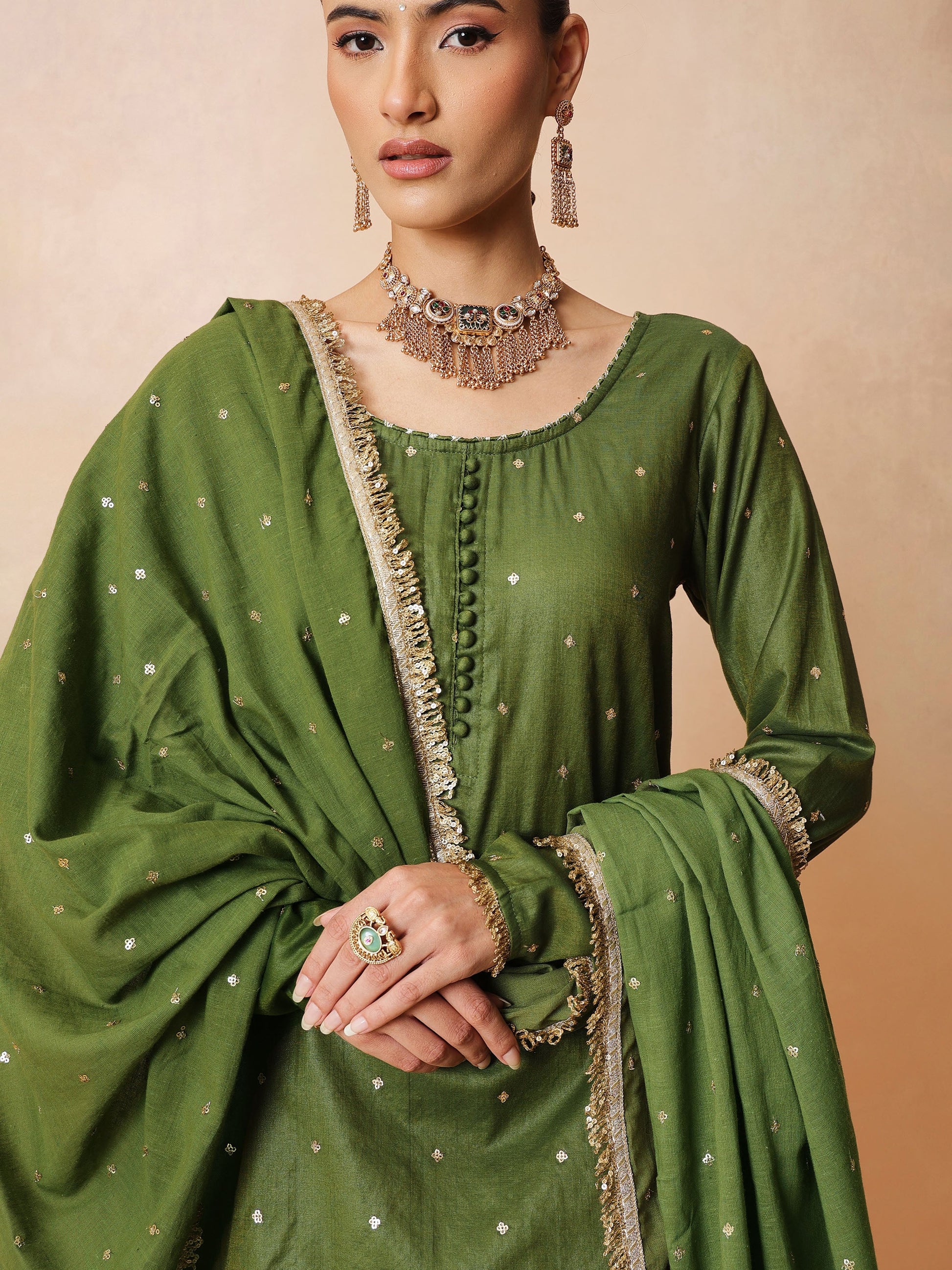 Olive Embroidered Short Kurta With Sharara Pants & Dupatta-Luxe - Shae by SASSAFRAS