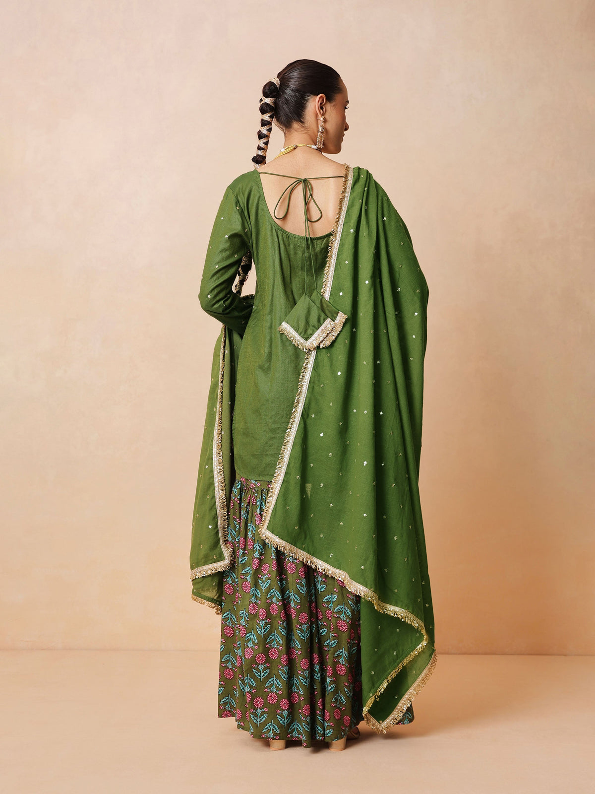 Olive Embroidered Short Kurta With Sharara Pants & Dupatta-Luxe - Shae by SASSAFRAS