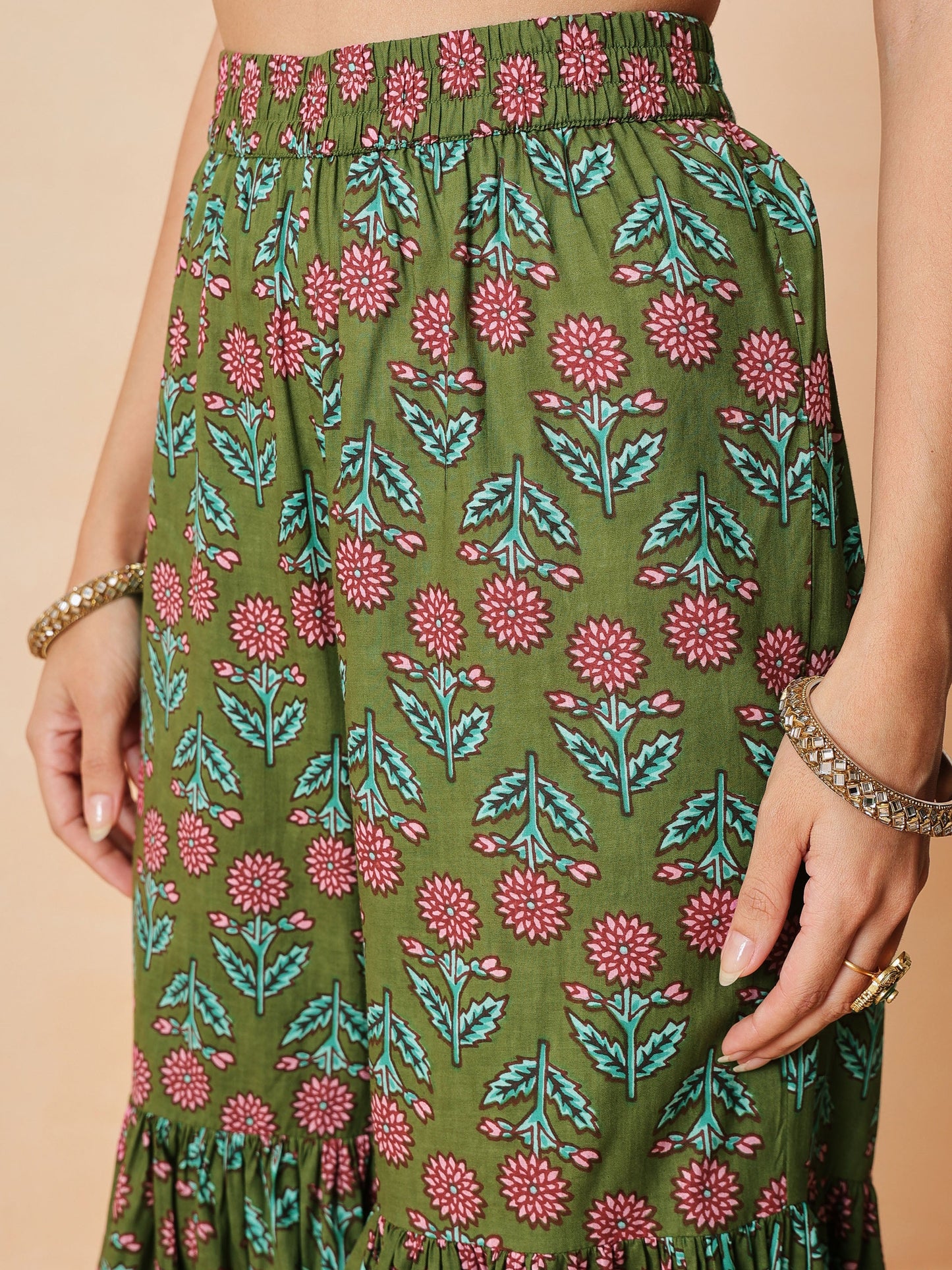 Olive Embroidered Short Kurta With Sharara Pants & Dupatta-Luxe - Shae by SASSAFRAS