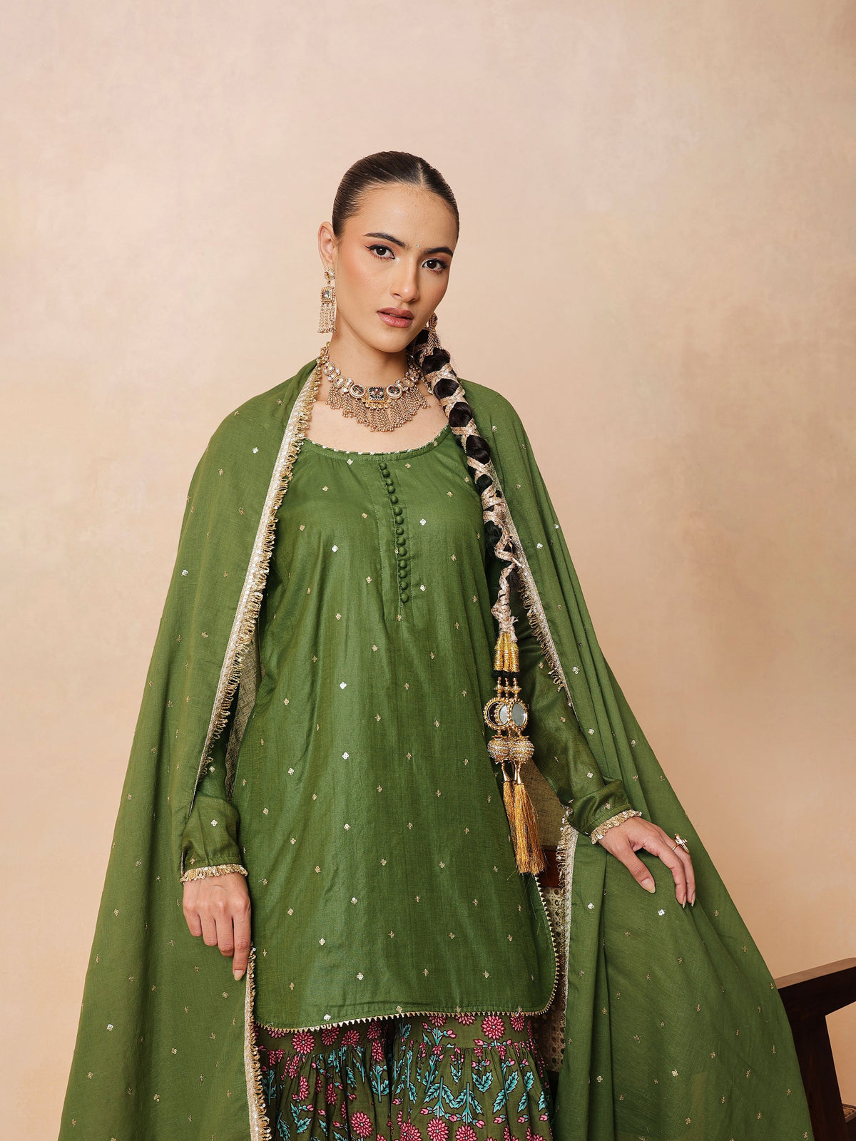 Olive Embroidered Short Kurta With Sharara Pants & Dupatta-Luxe - Shae by SASSAFRAS