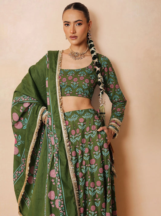 Olive Floral Round Neck Crop Top With Anarkali Skirt & Dupatta-Luxe - Shae by SASSAFRAS