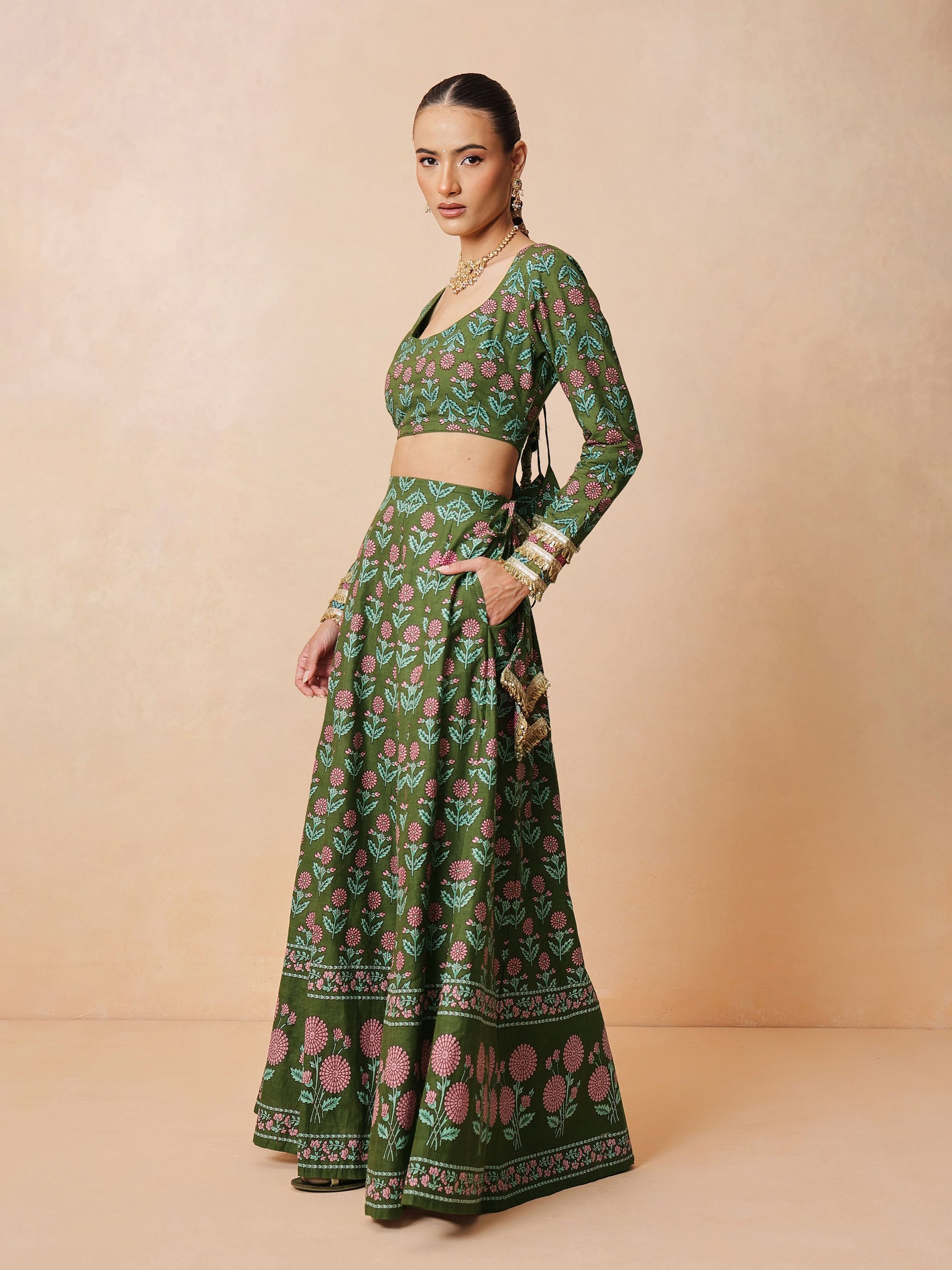 Olive Floral Round Neck Crop Top With Anarkali Skirt & Dupatta-Luxe - Shae by SASSAFRAS