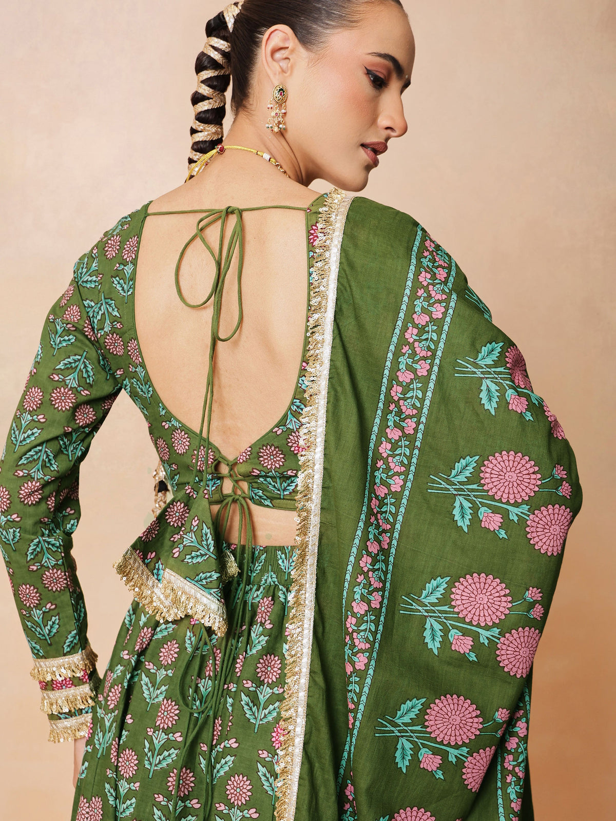 Olive Floral Round Neck Crop Top With Anarkali Skirt & Dupatta-Luxe - Shae by SASSAFRAS