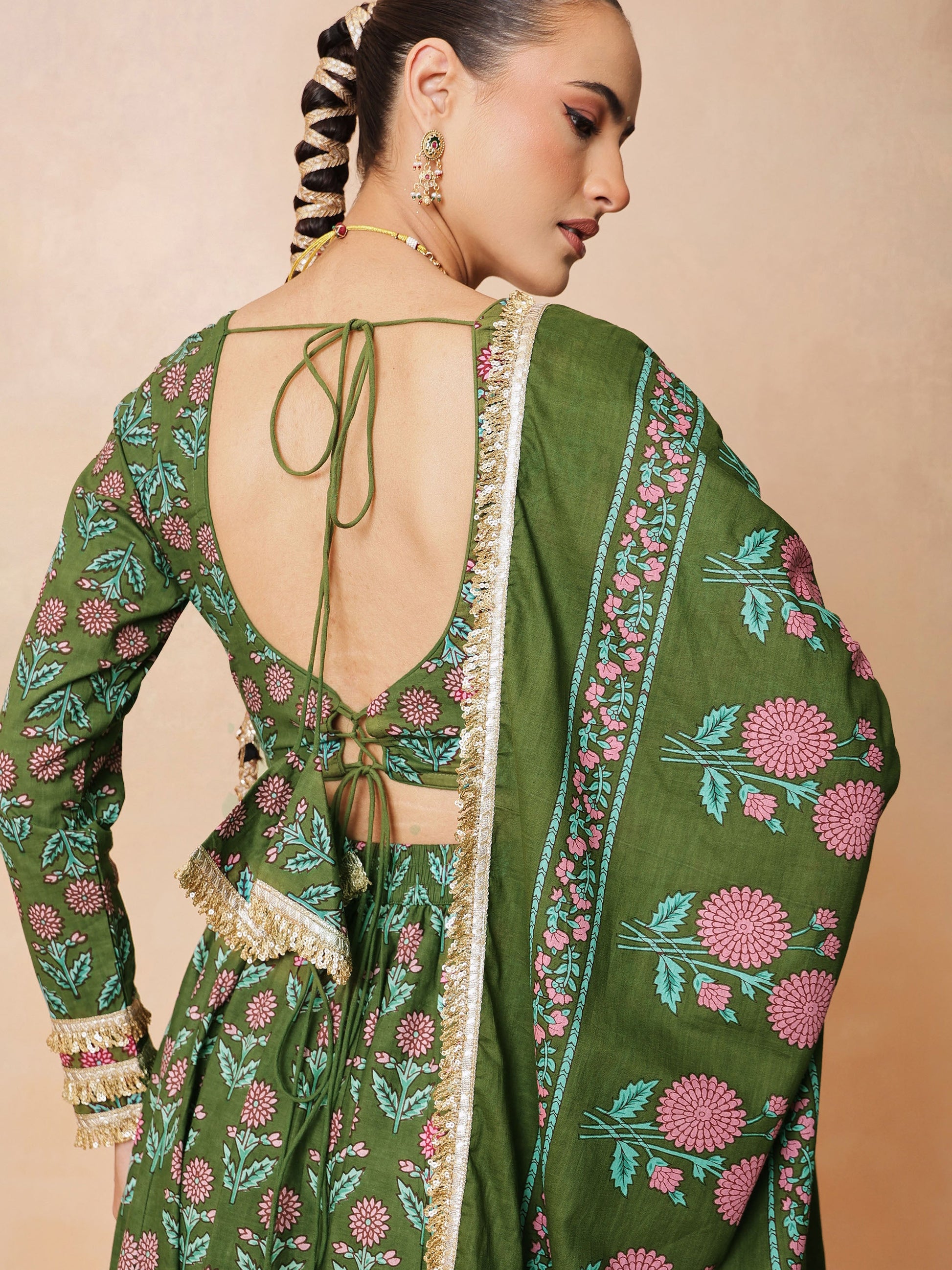 Olive Floral Round Neck Crop Top With Anarkali Skirt & Dupatta-Luxe - Shae by SASSAFRAS