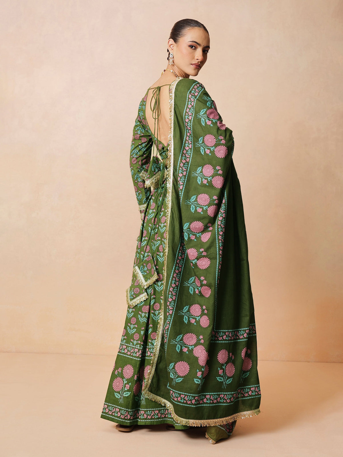 Olive Floral Round Neck Crop Top With Anarkali Skirt & Dupatta-Luxe - Shae by SASSAFRAS