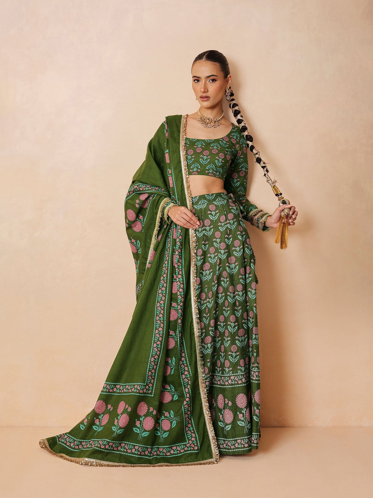 Olive Floral Round Neck Crop Top With Anarkali Skirt & Dupatta-Luxe - Shae by SASSAFRAS
