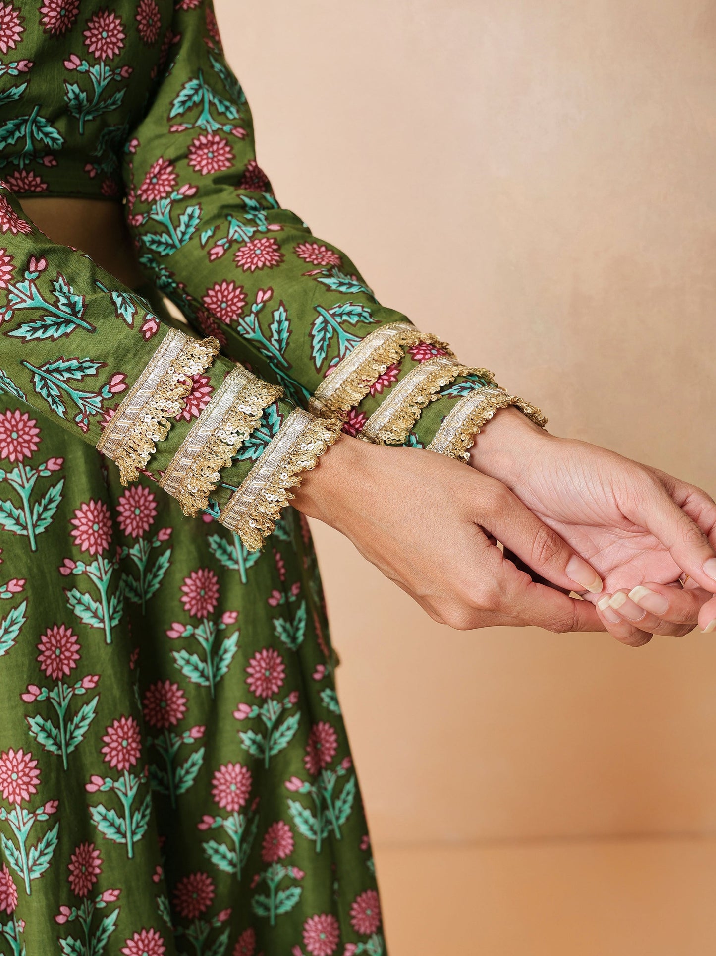 Olive Floral Round Neck Crop Top With Anarkali Skirt & Dupatta-Luxe - Shae by SASSAFRAS