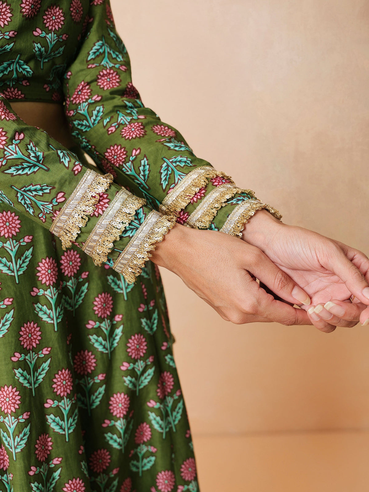Olive Floral Round Neck Crop Top With Anarkali Skirt & Dupatta-Luxe - Shae by SASSAFRAS