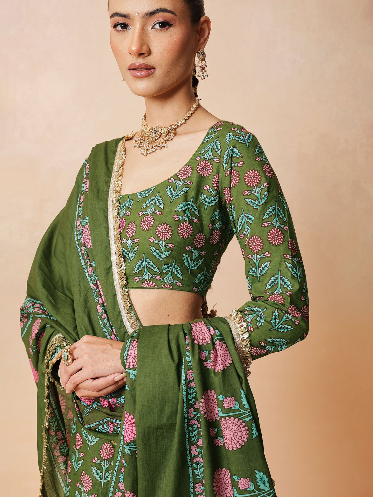 Olive Floral Round Neck Crop Top With Anarkali Skirt & Dupatta-Luxe - Shae by SASSAFRAS