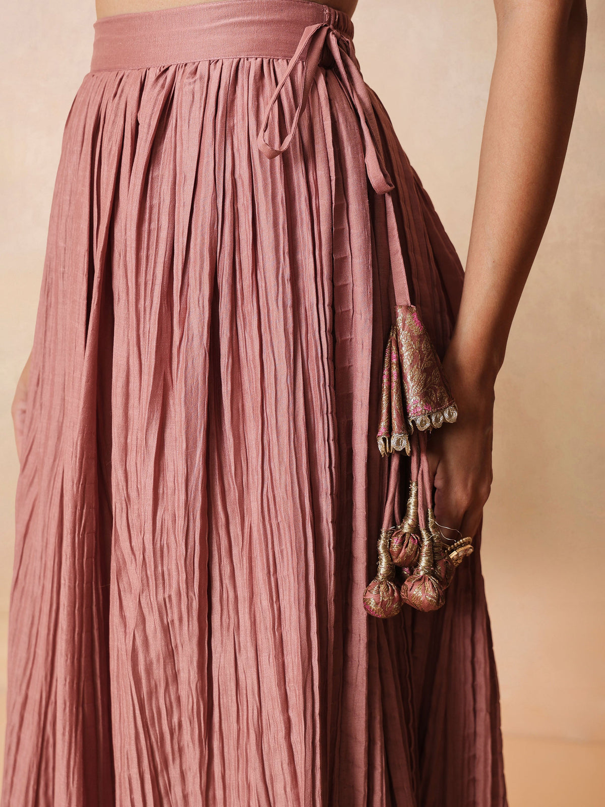 Women Onion Pink Brocade Sleeveless Crop Top With Pleated Skirt
