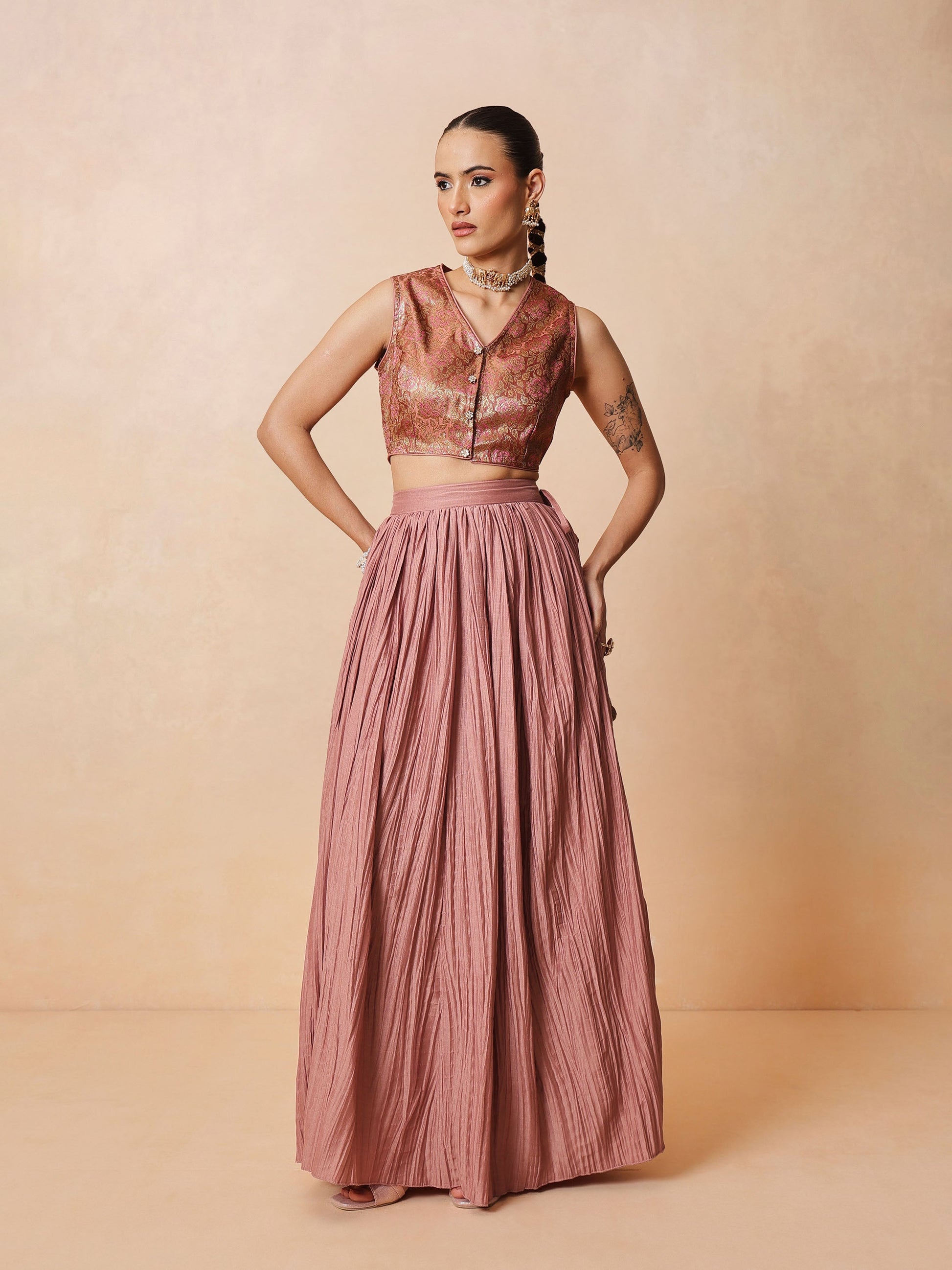 Women Onion Pink Brocade Sleeveless Crop Top With Pleated Skirt