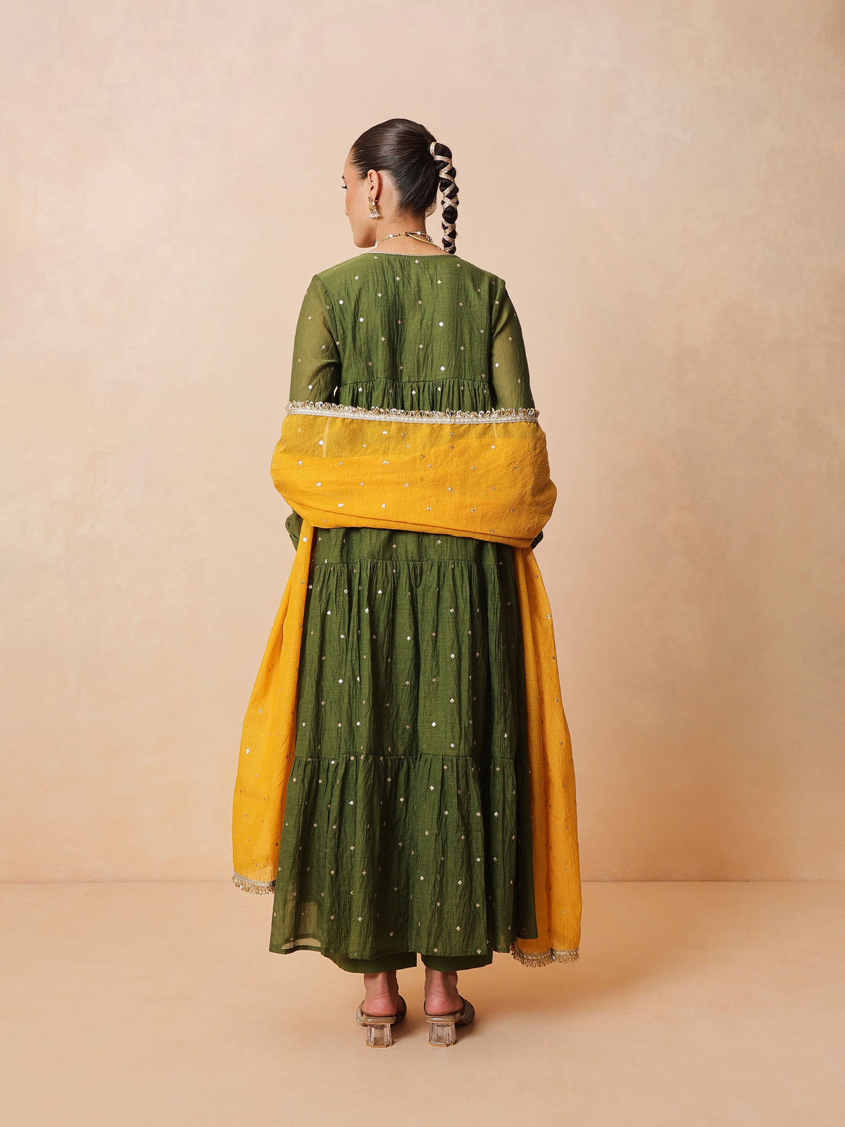 Women Olive Chanderi Tiered Kurta With Straight Pants & Dupatta
