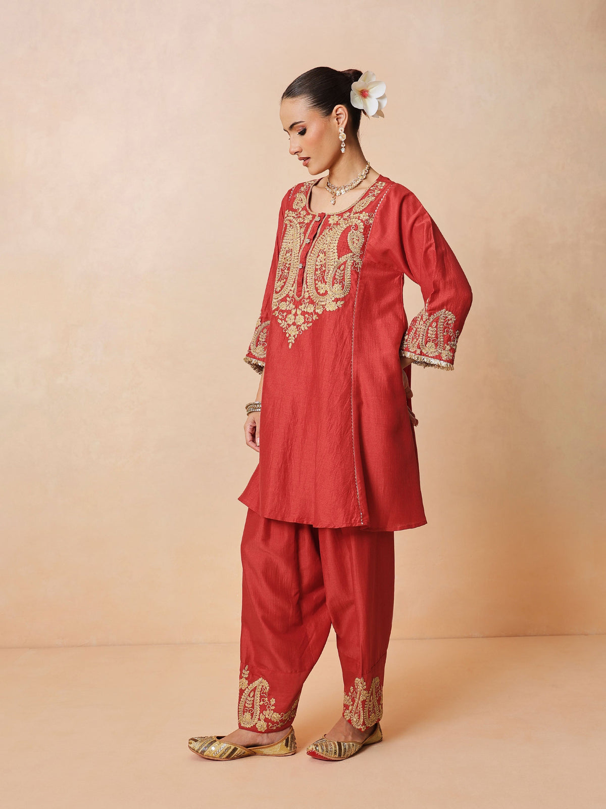 Maroon Embroidered Choga Kurta With Farshi Salwar & Dupatta-Luxe - Shae by SASSAFRAS