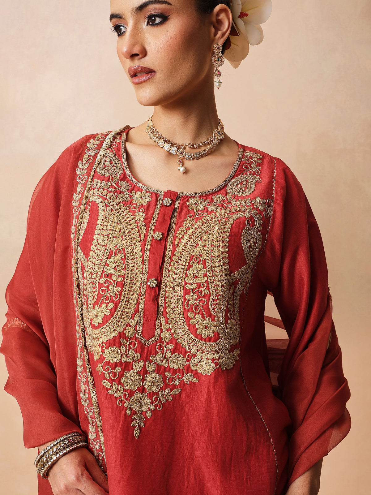 Maroon Embroidered Choga Kurta With Farshi Salwar & Dupatta-Luxe - Shae by SASSAFRAS