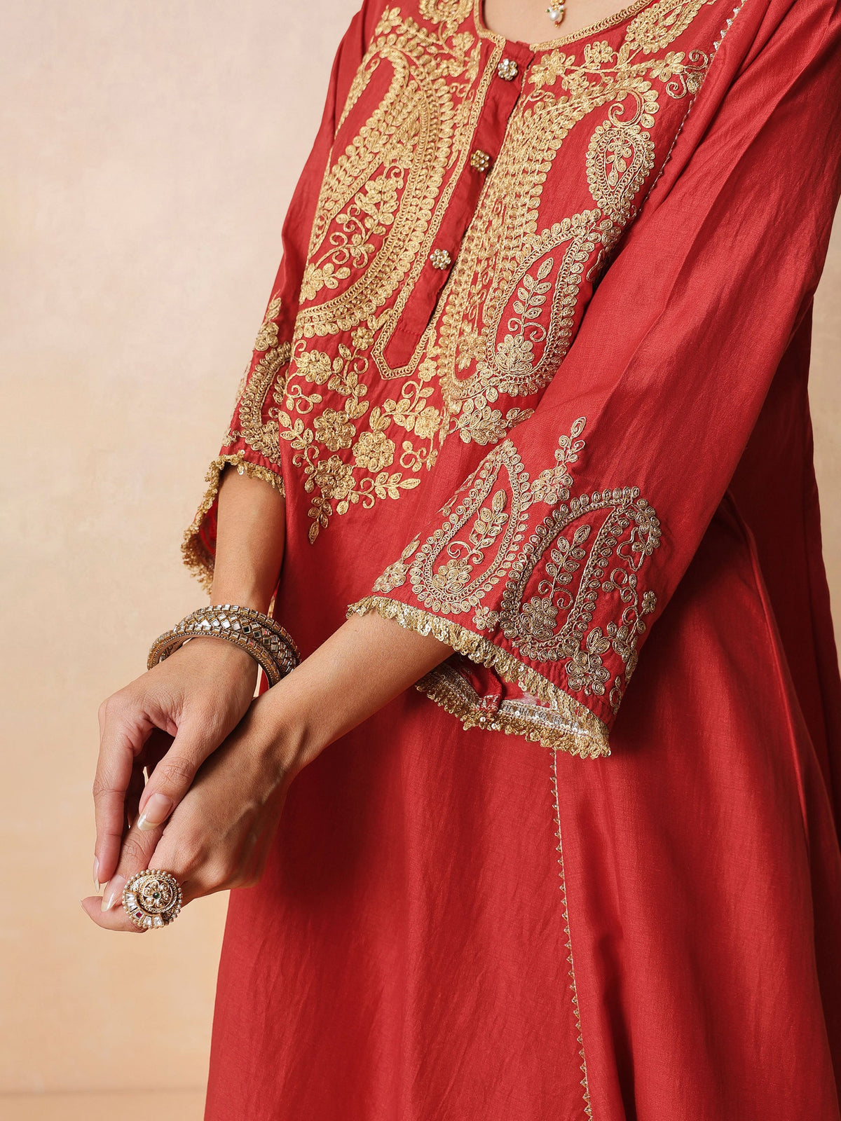 Maroon Embroidered Choga Kurta With Farshi Salwar & Dupatta-Luxe - Shae by SASSAFRAS