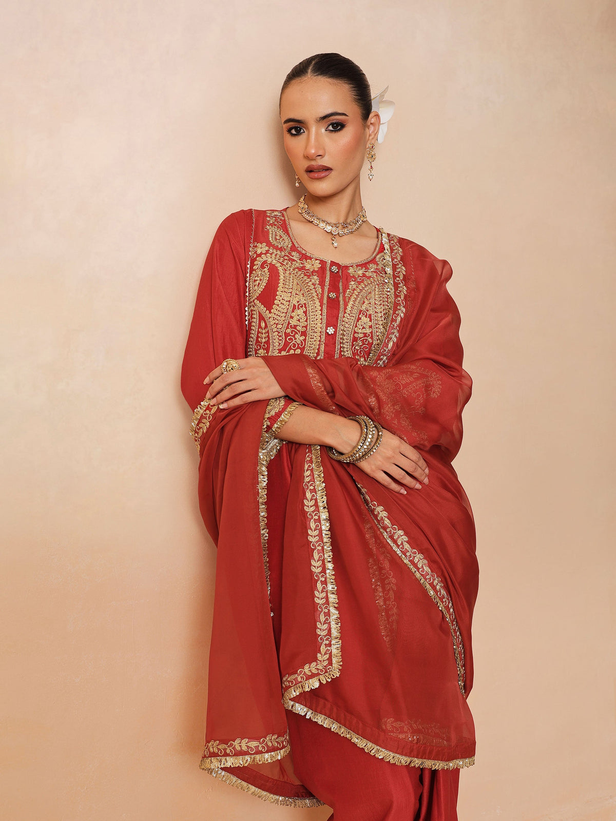 Maroon Embroidered Choga Kurta With Farshi Salwar & Dupatta-Luxe - Shae by SASSAFRAS