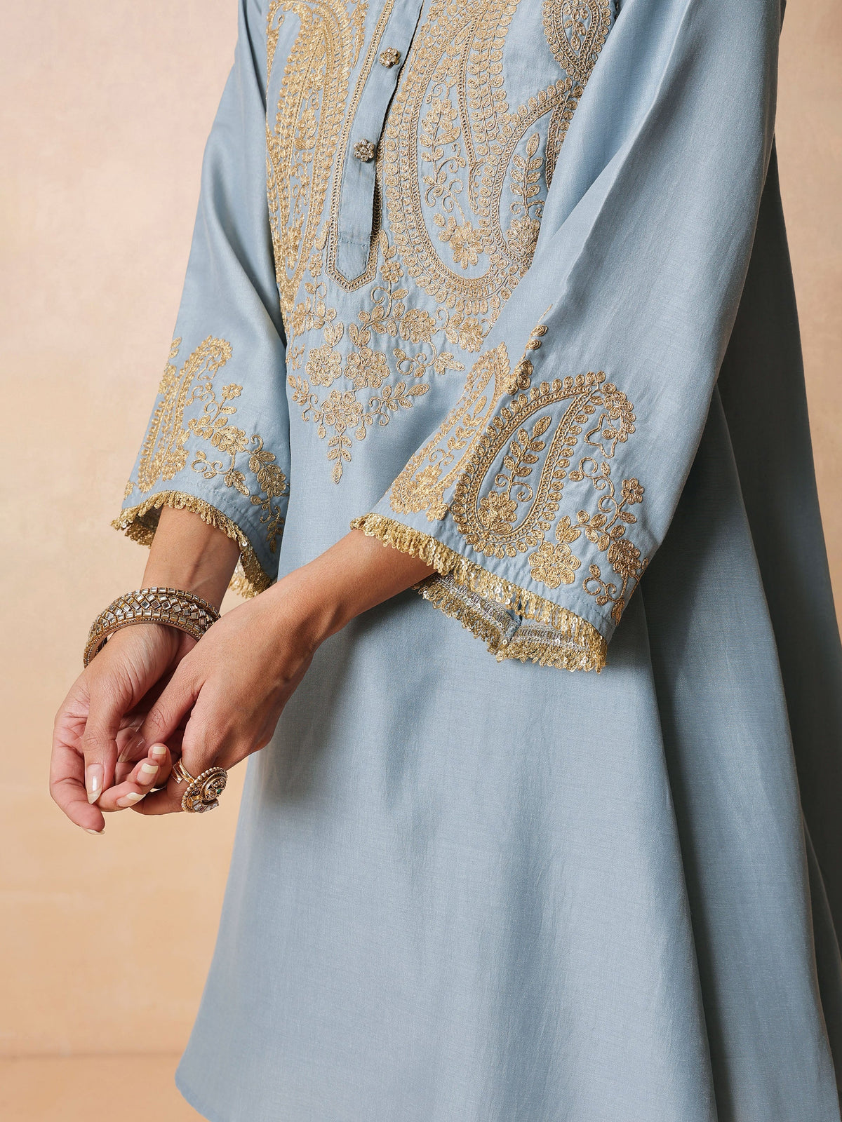 Women Powder Blue Embroidered Choga Kurta With Farshi Salwar & Dupatta