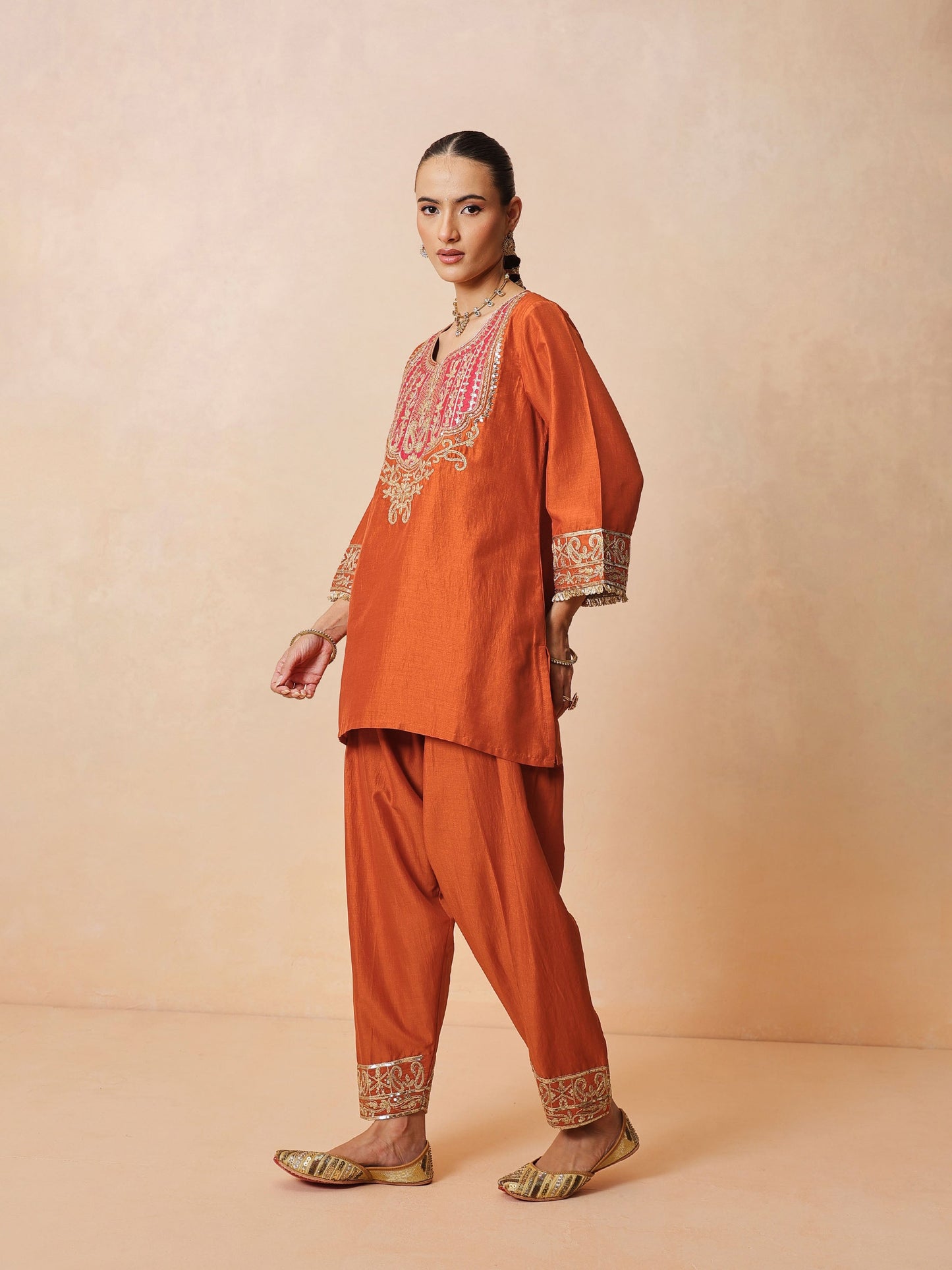 Orange Embroidered Short Kurta With Farshi Salwar & Dupatta-Luxe - Shae by SASSAFRAS