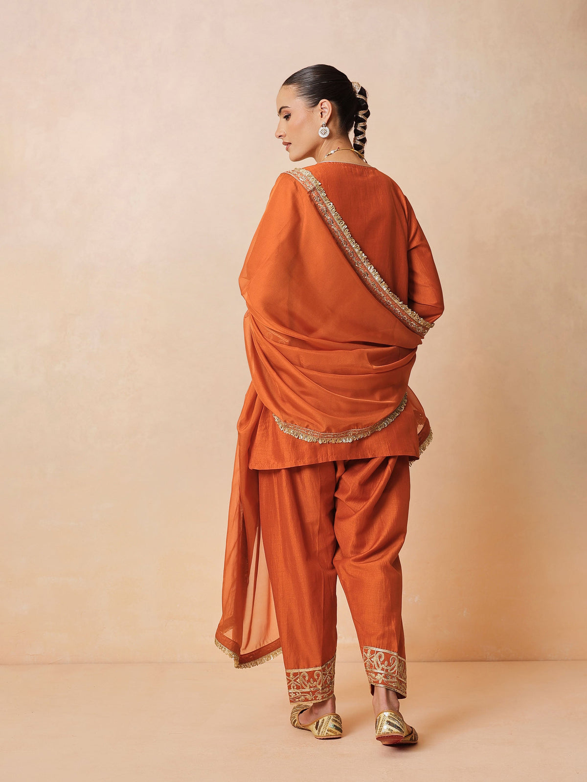 Orange Embroidered Short Kurta With Farshi Salwar & Dupatta-Luxe - Shae by SASSAFRAS