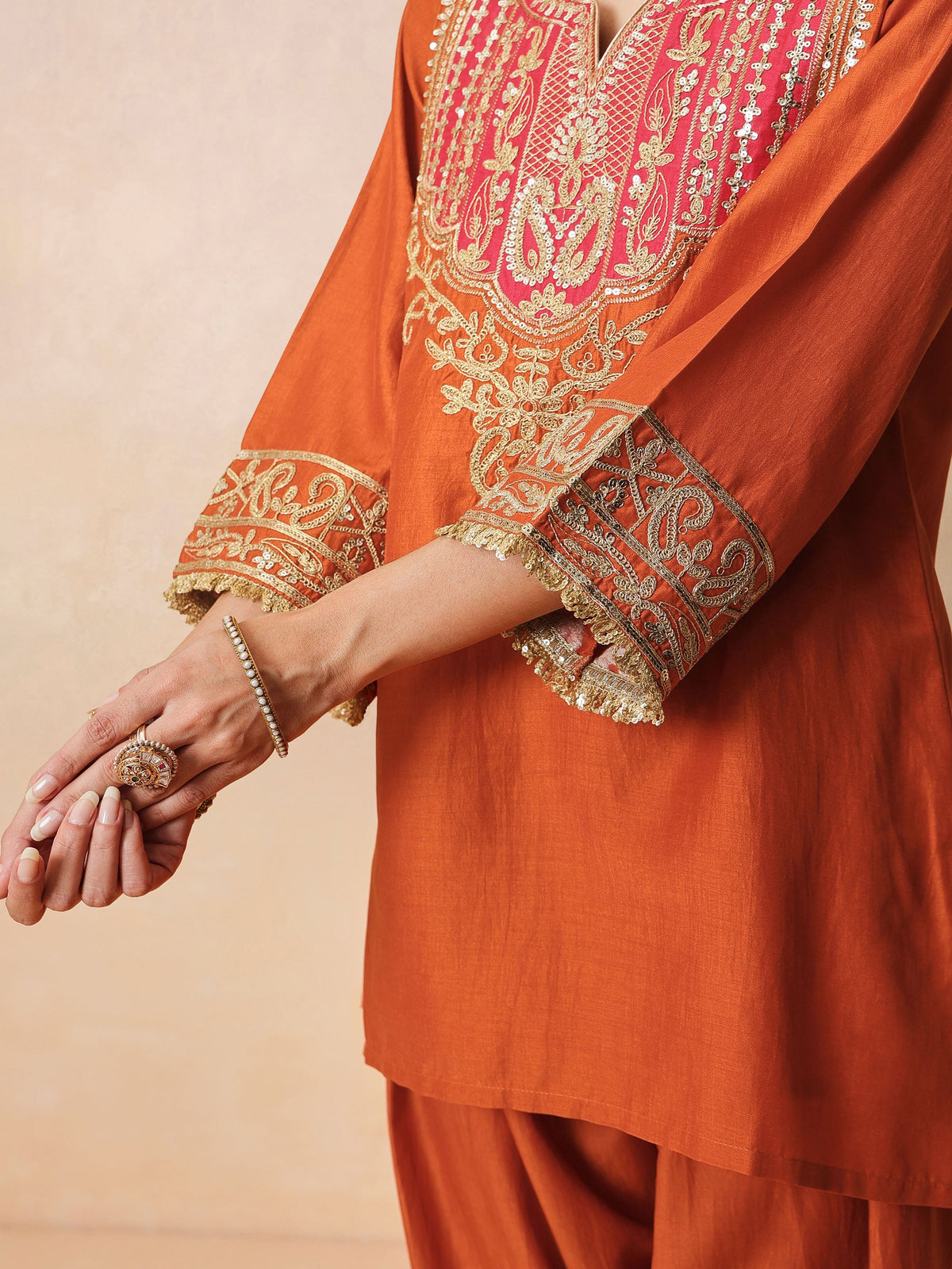 Orange Embroidered Short Kurta With Farshi Salwar & Dupatta-Luxe - Shae by SASSAFRAS