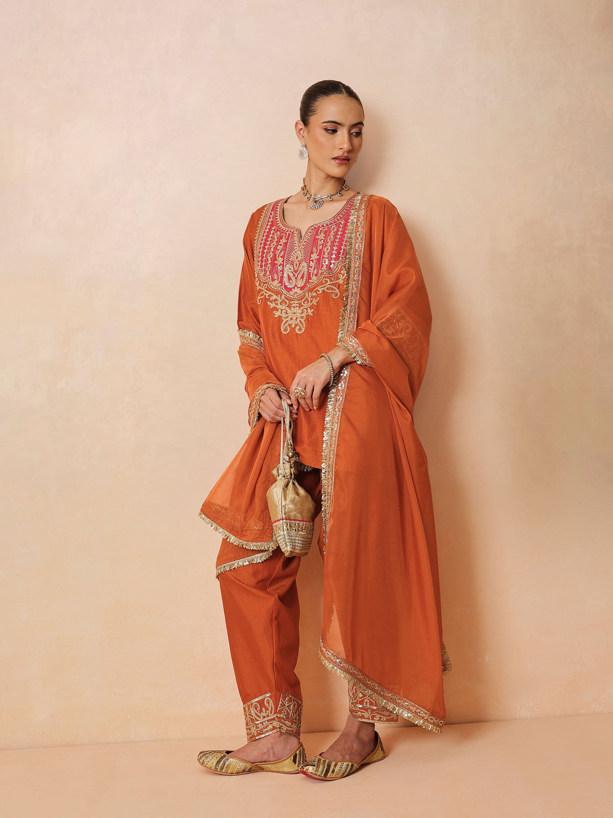 Orange Embroidered Short Kurta With Farshi Salwar & Dupatta-Luxe - Shae by SASSAFRAS