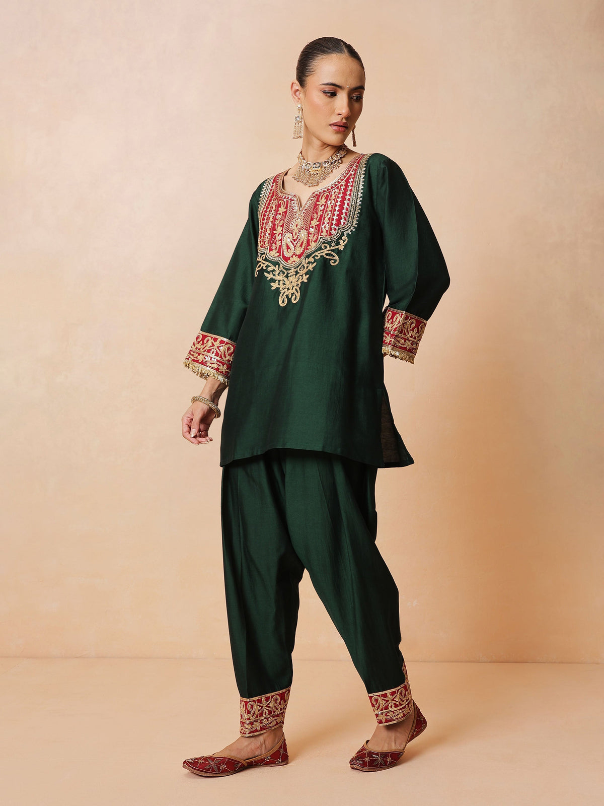 Green Embroidered Short Kurta With Farshi Salwar & Dupatta-Luxe - Shae by SASSAFRAS