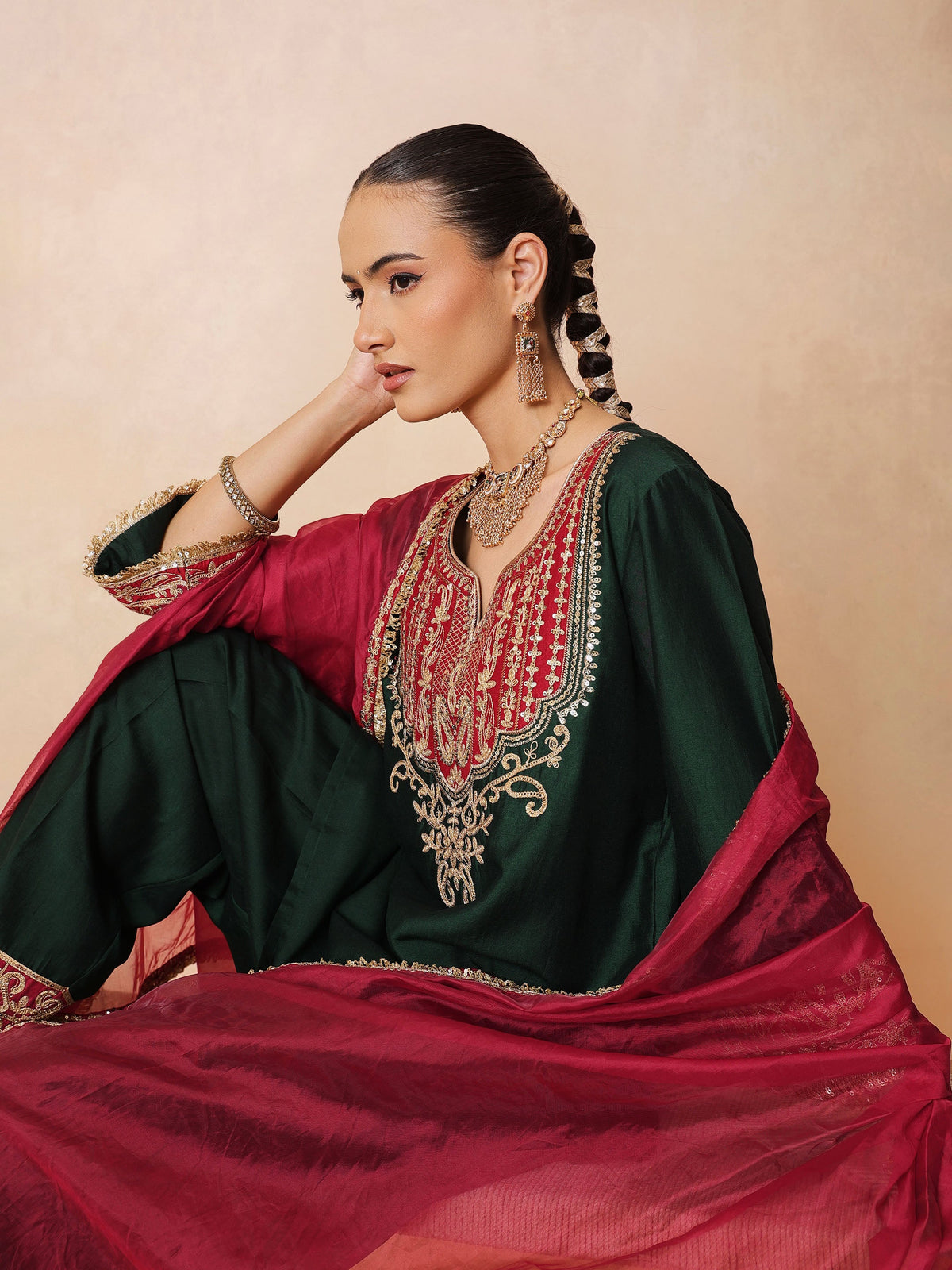 Green Embroidered Short Kurta With Farshi Salwar & Dupatta-Luxe - Shae by SASSAFRAS