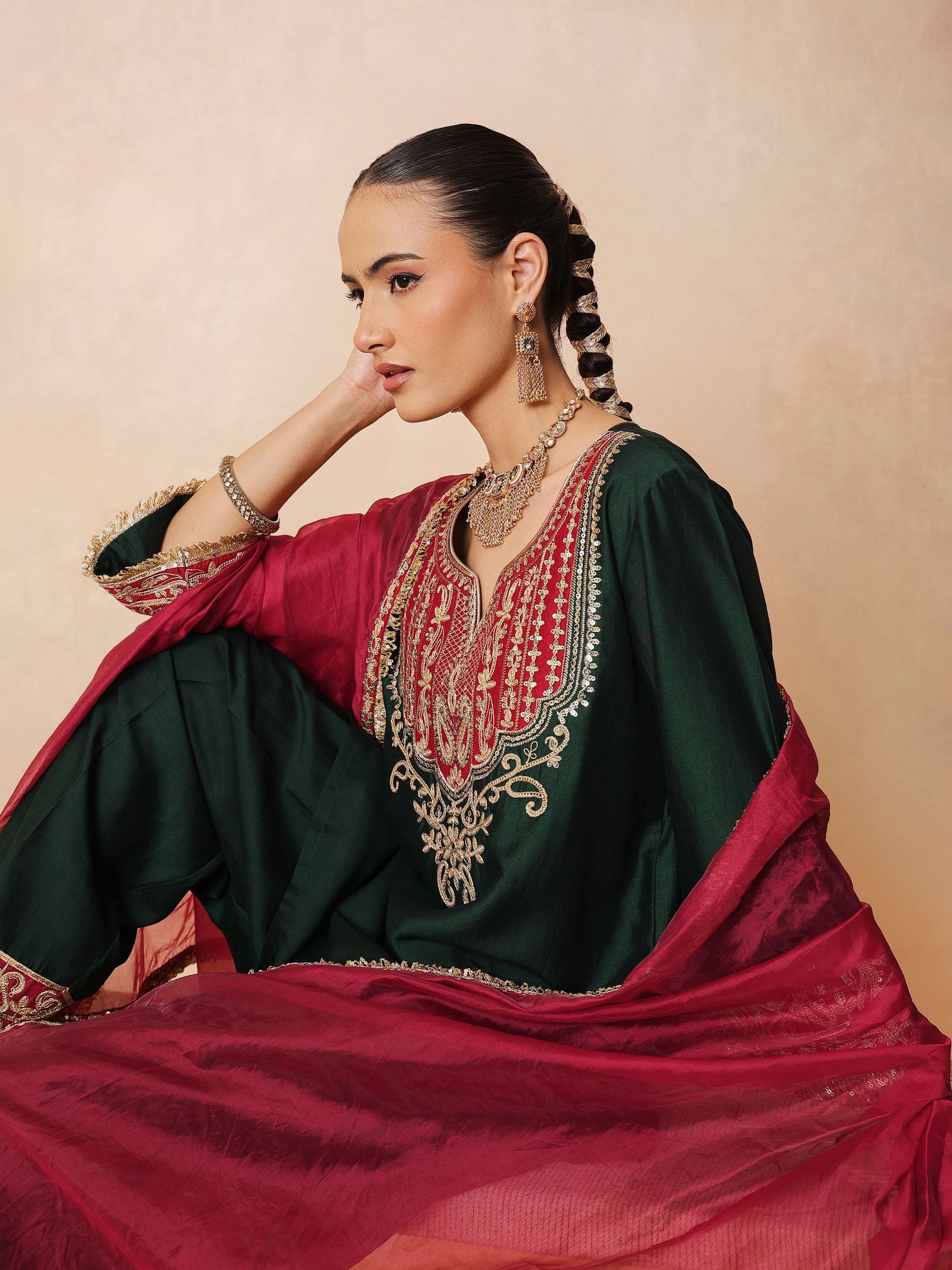 Green Embroidered Short Kurta With Farshi Salwar & Dupatta-Luxe - Shae by SASSAFRAS