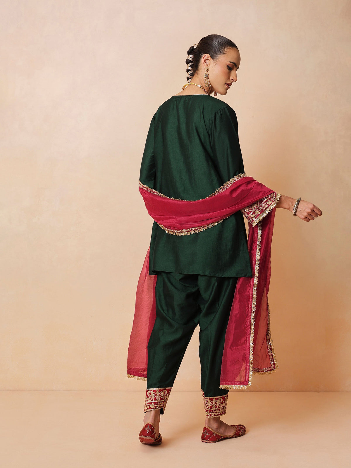 Green Embroidered Short Kurta With Farshi Salwar & Dupatta-Luxe - Shae by SASSAFRAS