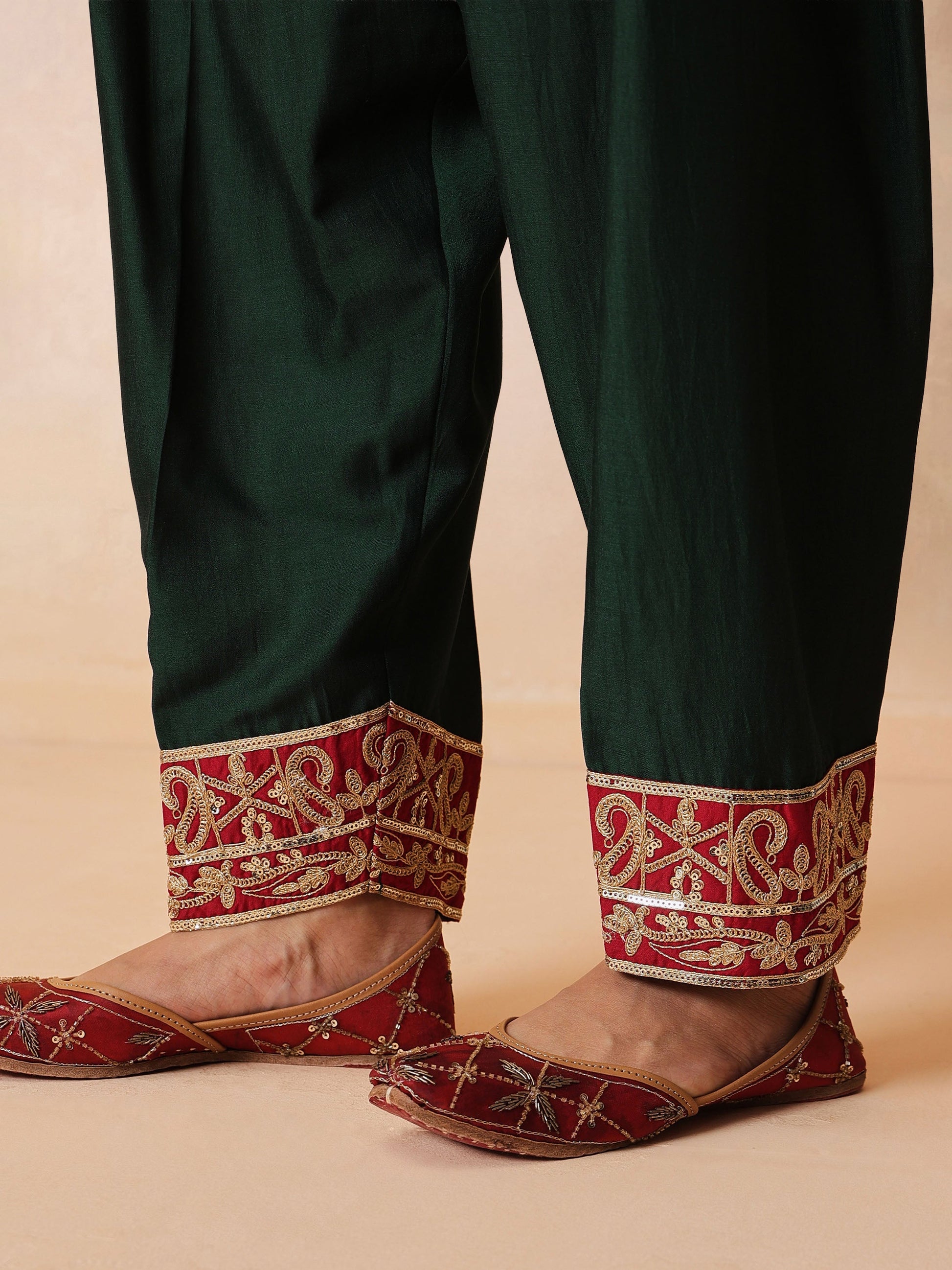 Green Embroidered Short Kurta With Farshi Salwar & Dupatta-Luxe - Shae by SASSAFRAS