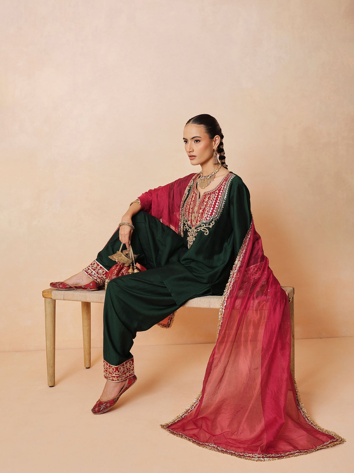 Green Embroidered Short Kurta With Farshi Salwar & Dupatta-Luxe - Shae by SASSAFRAS