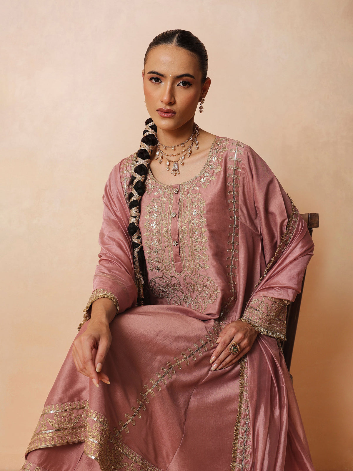 Women Onion Pink Embroidered Choga Kurta With Straight Pant & Dupatta