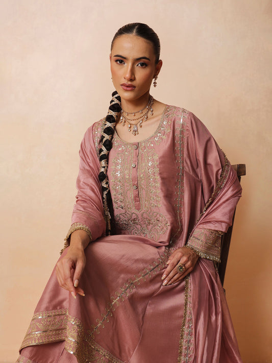 Women Onion Pink Embroidered Choga Kurta With Straight Pant & Dupatta